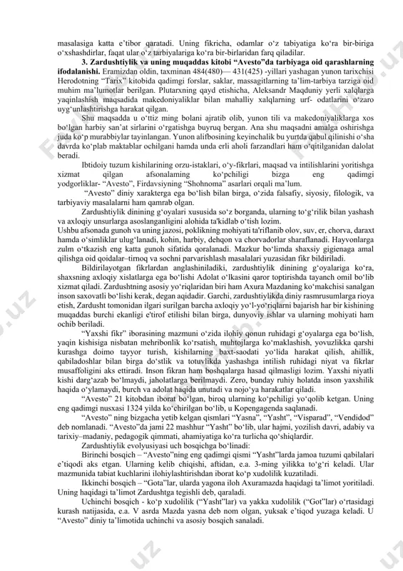 varlik hamda jasoratning ibrat namunasi bo‘lib hisoblanadi. yuqoridagi fikrlardan ko‘rinib turibdiki, urxun-enasoy yodgorliklari, garchi yo‘nalish nuqtai nazaridan ta'lim-tarbiya masalalariga bag‘ishlanmagan bo‘lsa ham, ularda bayon etilgan fikrlar o‘sha davrda amal qilingan axloqiy qoidalar va talablarning mohiyatidan birmuncha xabardor bolishga munosabatlar mohiyati asosan qushlar va hayvonlar obrazlari orqali ochiladi. xulosa qilib aytganda, o‘zbek xalqi tomonidan eng qadimgi davrlardan eramizning ix asrigacha qaror topgan ma’rifiy qarashlari inson shaxsining shakllanishida, uning kamolotini ta’minlashda muhim ahamiyat kasb etadi. ularda turkiy xalqlarning inson xulq odobi va uni tarbiyalashga oid dastlabki tasavvurlari ifodalangan. 2. qadimgi sharq manbalarida ma’naviy tarbiya masalasi. ko‘pgina manbalarda esa sharq xalqlari ma’naviyati rivoji quyidagi davrlarga bo‘lib o‘rganishili alohida qayd etilgan: qadimgi sharq ma’naviyati; uyg‘onish davri va o‘rta asr sharq ma’naviyati; yangi davr va hozirgi zamon sharq ma’naviyati. qadimgi sharq ma’naviyati haqida so‘z yuritganda qadimgi misr madaniyati va ma’naviyatiga alohida to‘xtalib o‘tish joiz. qadimgi misr jahon madaniyatining eng qadimgi o‘choqlaridan biri bo‘lib, unda ham …