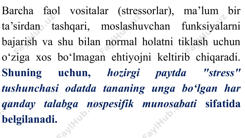 d bilan bog‘lash qo‘rquv deb ataladi. tashvish va qo‘rquv ruhiy moslashuv mexanizmlarining kuchlanishining asosiy belgilari bo‘lib, adaptiv mexanizmlarni stresslashtiruvchi vaziyatdan chiqish yo‘lini topish uchun faollashtiradi. fiziologik stress o‘zini quyidagicha namoyon qiladi: hissiy stressning dastlabki bosqichlarida inson tanasining turli funksional tizimlari o‘rtasidagi axborot aloqalari uziladi va ular mustaqil ravishda, tartibga soladigan parametrlarini maqbul darajada saqlashga harakat qilib, jadal holda ishlay boshlaydilar. stressga doimiy ta’sir qilish bilan, insonning ba’zi zaiflashgan funksional tizimlarining o‘zini-o‘zi boshqarish mexanizmi buziladi. bunday holda, tegishli fiziologik parametrni tartibga solish ma’lum bir vaqtgacha mahalliy mexanizmlar tomonidan amalga oshiriladi, ularning barqaror muvozanati kasallikning boshlanishiga olib keladi. funksiyasi doimiy ravishda o‘zgaradi: masalan, qon bosimi barqaror ravishda ko‘tariladi, immunitet pasayadi va hokazo. image1.jpeg image2.jpg /docprops/thumbnail.jpeg