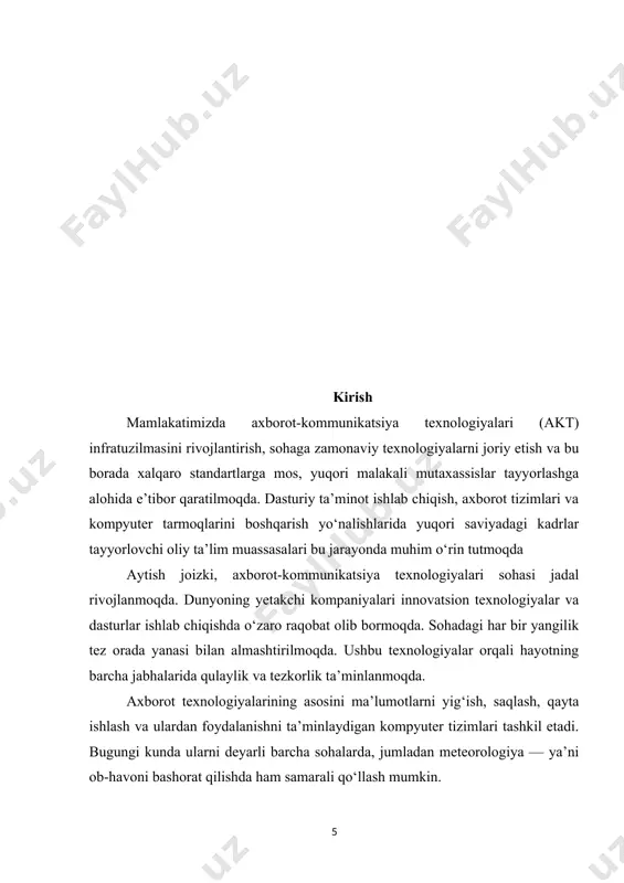 yalar asosida ishlab chiqilgan, foydalanuvchiga ob-havoni oldindan bilish imkonini beradigan onlayn platformalarga ehtiyoj katta. o‘zbekiston respublikasi prezidentining 2022-yil 28-yanvardagi “yangi o‘zbekistonning taraqqiyot strategiyasi”da raqamli texnologiyalarni barcha sohalarga joriy etish, elektron xizmatlar ko‘lamini kengaytirish, shuningdek it-xizmatlar eksportini oshirish bo‘yicha aniq vazifalar belgilangan. bu esa, raqamli vositalar orqali ijtimoiy-iqtisodiy rivojlanishni ta’minlashga xizmat qiladi. ushbu kurs ishi doirasida ishlab chiqiladigan “ob-havoni oldindan prognoz qilish web-sayti” aynan ana shu talab va ehtiyojlarni hisobga olgan holda loyihalashtirilmoqda. sayt orqali foydalanuvchilar o‘zlari istagan hudud bo‘yicha yaqin kunlardagi ob-havo holati, harorat, yog‘ingarchilik, shamol tezligi kabi ma’lumotlarni onlayn ko‘rinishda olish imkoniyatiga ega bo‘ladilar. sayt foydalanuvchilarga qulay interfeysda, oddiy va tushunarli tarzda ma’lumotlar taqdim etilishi bilan ajralib turadi. hozirgi yoshlar ko‘proq internet orqali bilim olishga, foydali axborotlarni tezkor tarzda topishga intilmoqda. shu bois, ushbu sayt foydalanuvchilar, ayniqsa talabalar va sayohatchilar uchun ishonchli axborot manbai sifatida xizmat qiladi. kurs ishining asosiy maqsadi — web dasturlash fanidan o‘rganilgan nazariy bilimlarni amaliyotga …