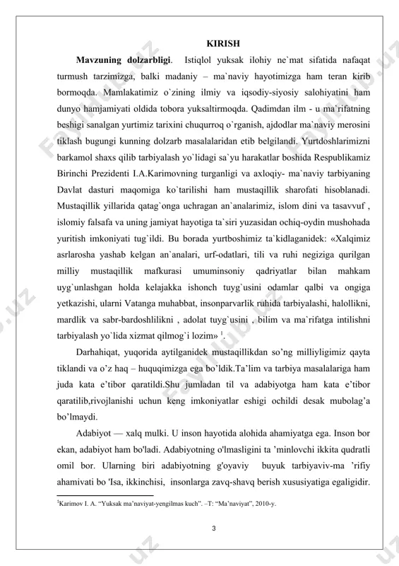 . [2: https://www.old.kpfu.ru] bu davrdagi o'zbek romanchiligida boshqa xalqlar adabiyotida bo'lgani kabi, tarixiy mavzu ancha keng ishlandi. xususan, «kecha va kunduz», «qullar», «qutlug' qon» romanlarida xalqimiz tarixining turli bosqichlari jozibador va haqqoniy qilib tasvirlandi. jonli va to'laqonli obrazlar yaratildi. bu davrda o'zbek romanchiligida zamonaviy mavzular ham yoritila boshlandi. «sarob» (a. qahhor), «huquq», «dushman» (h. shams) romanlarida davr voqeligi qalamga olindi. «sarob» o'zbek adabiyotida zamonaviy mavzuni tasvirlashga bag'ishlangan to'ng'ich romandir. unda 20 - yillardagi hayot, xususan, mafkuraviy-siyosiy kurash turli tabiatli kishilar taqdiri misolida yoritilgan. kurs ishining maqsadi va vazifalari. abdulla qahhor ijodini o’raganish va tahlil qilish, asarlarining o‘zbek adabiyoti falsafiy, badiiy rivojidagi o‘rni va ahamiyatini o‘rganish, ,,sarob “ romanida yozuvchi ilgari surgan g’oyani, romanning o‘ziga xos xususiyatlarni aniqlashdan iborat. kurs ishining vazifalari. - abdulla qahhor ijodini o’rganish va tahlil qilish; - “sarob” romanining o’zbek adabiyoti falsafiy, badiiy rivojidagi o’rnini aniqlash; - romandagi davr muammolari va shu muammolarning shaxslar taqdiriga ta’sirini aniqlash; …