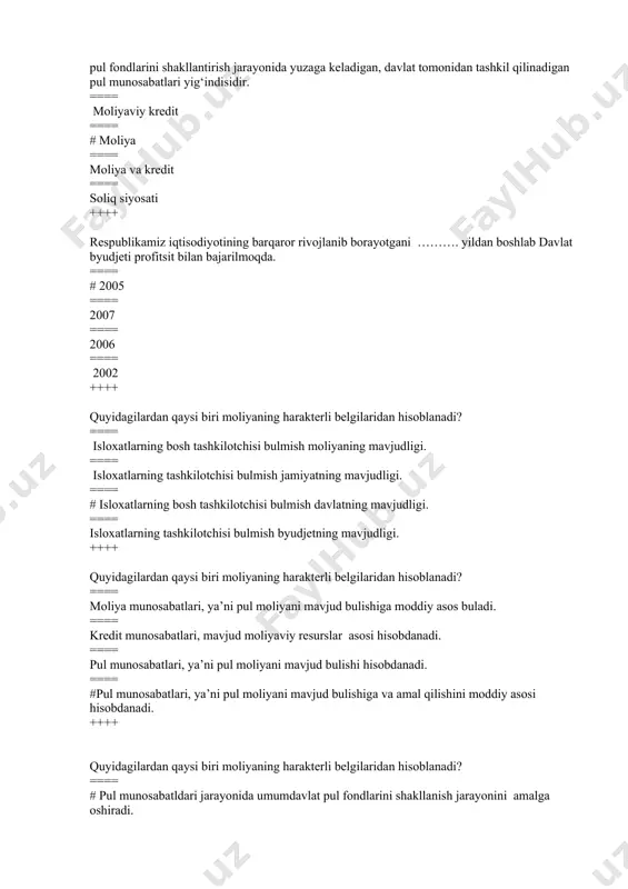 yoni ==== pul munosabatldari jarayonida umumdavlat kredit fondlarini shakllantirish. ++++ pul daromadlari va fondlarining eng asosiy moddiy manbai bo‘lib mamlakatning ................. hisoblanadi. ==== #yaim ==== md ==== yamd ==== yamm ++++ moliyaning ishtirokisiz ................ni taqsimlab bo‘lmaydi. moliya ...............ni yaratish va undan foydalanishning ajratib bo‘lmaydigan bog‘lovchi bo‘g‘ini hisoblanadi. ==== yamd ==== yaim ==== # md ==== yamm ++++ moliya fani resurslarning o‘zini emas, balki resurslarni shakllantirish, ................ va .................... asosida vujudga keladigan ijtimoiy munosabatlarni o‘rganadi. ==== ishlab chiqarish , jamg‘arish ==== #taqsimlash, foydalanish ==== jamg‘arish va foydalanish ==== taqsimlash va jamg‘arish ++++ moliyaviy nazoratning ob’ekti nima bulib hisoblanadi? ==== soliqli munosabatlar ==== moliyaviy munosabatlar ==== kredit munosabatlari ==== #pul munosabatlari ++++ siyosatning asl ma’nosi qanday ma’noni anglatadi? ==== jamiyatni boshqarishdagi usullar ==== #davlatni boshqarish san’ati ==== davlatning iqtisodiyotini ximoyalash ==== jamiyatni yuksaltirishdagi islochotlar ++++ .................... – bu davlatning o‘z funksiyalarini va vazifalarini amalga oshirishga qaratilgan hamma yo‘nalishlar, chora va tadbirlar yig‘indisidir. …