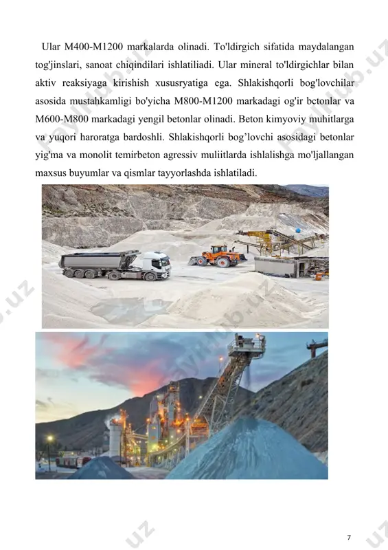 ida o‘tadi. karbonlashish yuzagi qatlamlardan boshlanadi, so2 dan iborat zich qatlam xosil bo‘lib qorishma va betonlarni ichki qatlamlariga suv va co2 o‘tishiga to‘sqinlik qiladi. shu munosabat bilan karbonlashish jarayoni kristallanish markazlarni xosil qilib beradi, bu esa o‘z navbatida karbonatli oxakni tez qotishini va o‘ta mustaxkamlikka ta’minllaydi. qorishmadan suv bog‘langan sari oxak xamirning gel massasi zichlanadi va mustahkamlanadi. kalsiy gidrat oksidi karbonlashadi qattiq fazaning xajmi kengayadi va qotayotgan qorishmani zichlanishiga va mustaqkamlanishiga qo‘shimcha yordam beradi. so‘ndirilgan oxak asosida tayyorlangan qorishma va betonlarni oddiy sharoitda siqilishiga bo‘lgan mustahkamligi bir oyda 0,5-1 mpa ga boradi. sun’iy karbonlashish natijasida baland mustaxkamlikka ega (30-40 mpa) beton tayyorlash mumkin. 2. gidratli qotish — maydalangan so‘ndirilmagan oxak asosida tayyorlangan qorishma va betonni suv bilan ta’sirlashib asta-sekin qattiq toshsimon moddaga aylanishi jarayoni gidratli qotish deb ataladi. bu holatda qotish va mustahkamlikni o‘sishi ca(on)ning kristallarni to‘planishiga, bir-biri bilan jipslashib qurishiga asoslangan. gidratli qotish qorishma orqali (le-shatelye bo‘yicha) va qattiq …