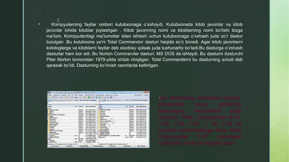 yorliq qo`yish shift+f6 fayl yoki katalog nomini o`zgartirish shift+esc total commander ni yig`ish z alt+(←/→) oldindan kirilgan kataloglarga qaytish va o`tish alt+ ↓ oldindan kirilgan kataloglar ro`yhatini chiqarish num + belgilash num - belgilash bekor qilish num * belgilanmagan fayllarni belgilash num / belgilashni tiklash ctrl+num + hammasini belgilash ctrl+num - belgilashni bekor qilish alt+num + joriy fayl kengaytmasi bilan bir xil bo`lganlarni belgilash ctrl+pgup yuqori katalogga o`tish backspace yuqori katalogga o`tish ctrl+pgdn katalog va arhivlarni ochish ctrl+(←/→) katalog yoki arhivni qo`shni darchaga ochish. ctrl+f1 faylning faqat nomini k`orsatish ctrl+f2 fayl haqida to`la ma`lumotni ko`rsatish ctrl+shift+f2 izohlarni ko`rish (ctrl+z izoh qo`yish) ctrl+f3 fayl nomi bo`yicha tartiblash ctrl+f4 fayl kengaytmasi bo`yicha tartiblash ctrl+f5 fayl vaqti bo`yicha tartiblash ctrl+f6 fayl hajmi bo`yicha tartiblash ctrl+f7 fayllarni tartiblanmagan ro`yhati ctrl+f8 kataloglar strukturasini chiqarish ctrl+f9 faylni chop etish z ctrl+f10 hamma fayllarni ko`rsatish ctrl+f11 faqat programmalarni ko`rsatish ctrl+f12 belgilangan fayllarni ko`rsatish ctrl+a hamma fayllarni belgilash …