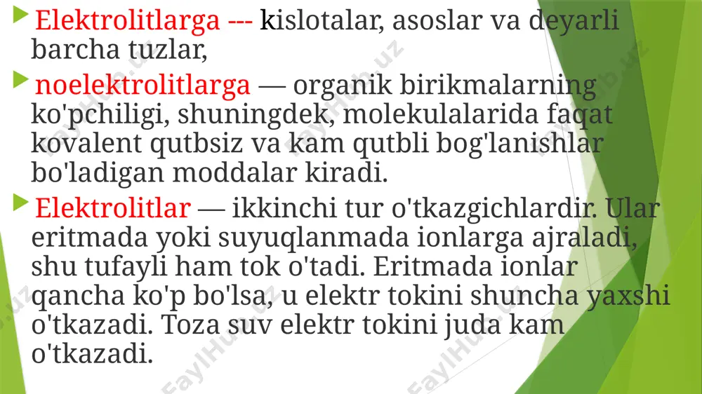 li muvozanat. 3.suvning ionlanishi.vodorod ko’rsatkichi. kislota va asoslar — kimyoviy birikmalarning katta guruhlari. odatda, tarkibida vodorod boʻlgan (hcl, hno3, h2so4, ch3cooh va hokazo) va suvda erigan (aralashgan)da dissotsiatsiyalanib, ionlar h+ (protonlar), yoki aniqrogʻi, gidroksoniy h3o+ ionlari hosil qiladigan moddalar kislotalar deyiladi. ajralgan protonlar soniga qarab bir asosli (nitrat, xlorid, sirka kislotalar — hno3, hcl, ch3cooh), ikki asosli (sulfat, karbonat kislotalar — h2so4, h2co3 ), uch asosli (ortofosfat kislota — h3po4) kislotalar mavjud. kislotaning suvdagi eritmasida gidroksoniy ionlari qancha koʻp boʻlsa, yaʼni kislota qancha koʻp dissotsiatsiyalansa, u shuncha kuchli boʻladi.kislotalarning suvdagi eritmalari elektr tokini oʻtkazadi, indikatorlar rangini oʻzgartiradi (m:kislota taʼsirida koʻk lakmus qizaradi). tarkibida gidroksil guruhi oh- [koh, naoh, ca(oh)2 va boshqa] boʻlgan hamda suvdagi eritmasida gidroksil ionlar oh- hosil qiladigan moddalar asoslar deyiladi. koʻpgina asoslar suvda erimaydi. suvda eriydigan asoslar ishqorlar deb ataladi. ishqorlar ham indikatorlar rangini oʻzgartiradi. tarkibidagi gidroksil guruhi soniga qarab bir, ikki, uch kislotali asoslar boʻladi. suvda …