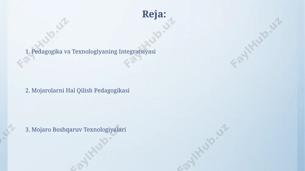 bu esa murosaga erishish ehtimolini yaxshilaydi. murosa jarayonida emotsional aql va kommunikativ ko'nikmalarni qo'llash natijasida konfliktlarning 70% hal etiladi, bu esa ishonch va o'zaro hurmatni mustahkamlaydi. mojarolarni hal qilish bo'yicha ta'lim dasturlari samarali dasturlar, o'rtacha 8 ta mashg'ulotni o'z ichiga olib, rol o'ynash, muhokamada ishtirok etish va muammoli vaziyatlarni simulyatsiya qilish kabi interaktiv uslublardan foydalanadi. baholash jarayoni 70% amaliy topshiriqlar va 30% nazariy bilimlarni o'z ichiga olib, o'quvchilarning mojarolarni hal qilishdagi kompetensiyasini aniqlashga qaratilgan. qaror qabul qilish va muammo hal qilish usullari pareto printsipi (80/20 qoidasi) muammoning 80%ini 20% sabablar keltirib chiqarishini ko'rsatadi, shuning uchun e'tiborni asosiy muammolarga qaratish samaradorlikni oshiradi. qaror qabul qilishda 5w1h (kim, nima, qachon, qayerda, nima uchun, qanday) usuli muammoning barcha jihatlarini aniqlash va samarali yechim topishga yordam beradi, bu esa 30% ga tezroq natijalarga olib keladi. konstruktiv muloqot texnologiyalari effektiv tinglash, empatiya va verbal bo‘lmagan kommunikatsiya kabi 4 ta muhim elementni birlashtiruvchi konstruktiv muloqot texnologiyalari, …