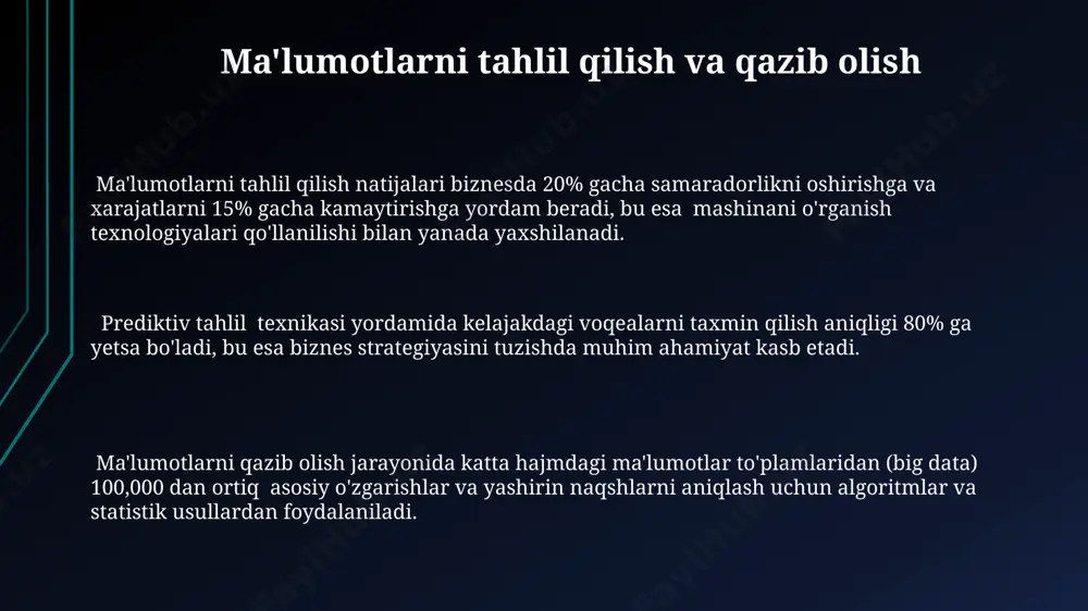 larni qo'llash natijasida 2023 yilda global miqyosda 1 trillion dollarlik iqtisodiy foyda kuzatildi, bu esa kelgusi yillarda yanada o'sib borishi kutilmoqda. mashinani o'rgatish algoritmlari keng tarqalgan mashina o'rgatish algoritmlari, masalan, svm (support vector machines) va neyron tarmoqlar, turli xil o'lchamli ma'lumotlar to'plamlari bilan ishlashi mumkin, ammo samaradorlik ma'lumotlar miqdoriga bog'liq. mashina o'rgatishning chuqur o'rganish (deep learning) bo'limi 100 dan ortiq qatlamli neyron tarmoqlarni ishlatadi va millionlab parametrlarni o'z ichiga oladi, bu esa katta hisoblash quvvatini talab qiladi. mashina o'rgatish algoritmlarida gradient tushirish usuli kabi optimallashtirish texnikalari 1000 dan ortiq iteratsiyadan so'ng ham modelning aniqligini 95% dan yuqori saqlashga yordam beradi. robot texnikasi va avtomatlashtirish robot texnikasi, sanoat avtomatlashtirishida 30% gacha samaradorlikni oshirishi va ishlab chiqarish xarajatlarini 15% ga kamaytirishi mumkin, bu esa yuqori rentabellikka olib keladi. zamonaviy robotlar, 6 eksenli qo'llar va murakkab kompyuter ko'rish tizimlari bilan jihozlangan bo'lib, yuqori aniqlikdagi operatsiyalarni, masalan, mikroelektronika yig'ishini amalga oshirishi mumkin. avtomatlashtirish tizimlari, …