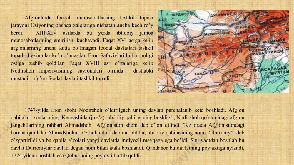 siy huquqsizlik, aholini ommaviy ravishda talash, o’zbek va tojik dehqonlarining yerlarini tortib olish avj oldi va bu aholining so’l qirg’oqni tashlab ketishiga olib keldi. ularning ko’pchiligi ruslarning amudaryo ortidagi mulklariga ko’chib ketdilar.70-yillarning oxiriga kelib amudaryoning so’l qirg’og’i to’la tushkunlik va tanazzul holatiga kelib qolgan edi. rus hukumati o’rta sharqda rus-ingliz ziddiyatlarini keskinlashtirib yubormaslik uchun 1873 yilda afg’onistonning shimoliy chegaralarini belgilash taklifi bilan angliyaga murojaat qildi. afg’onistonning shimoliy chegarasi amudaryo bo’yicha o’tishi belgilab qo’yildi, aslida so’l qirg’oqdagi hamma yerlar afg’onlarga tegishli emas edi. rus hukumati inglizlarga afg’oniston rus ta’siridan tashqarida ekanligini rasmiy ravishda e’tirof etdi. natijada rossiya tomonidan o’zining xavfsizligini ta’minlagan angliya afg’onistonga qarshi o’z agressiyasini amalga oshirishga kirishdi. angliyada 1874 yilda dizraeli boshchiligida konservatorlarning hokimyatga kelishi bilan afg’onistonga qarshi urushga bevosita tayyorgarlik boshlanib ketdi. hindiston vitse-qiroli norsbruk urushni boshlashdan cho’chigani uchun 1876 yilda dizraelining tarafdori bo’lgan litton bilan almashtirildi. inglizlar 1876 yilda kelat xonidan qandahorga yaqin bo’lgan kvetto-pisha hududida o’z …