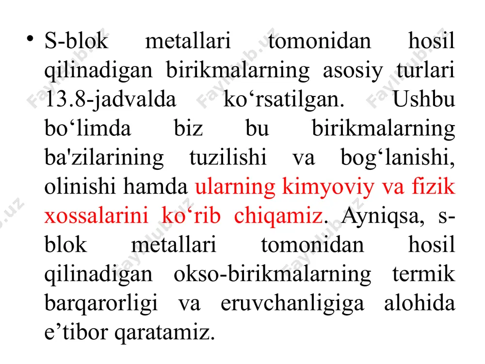 motlar 16-bobda bayon qilingan. nitridlar va dikarbidlar s-blok metallarining nitridlari va dikarbidlari, mos ravishda, metallning azot va uglerod bilan bevosita birikishi orqali hosil bo‘ladi. ularning kimyosidagi eng diqqatga sazovor jihat — suv bilan reaksiyaga kirishishidir. masalan, litiy nitrid suv bilan gidrolizlanib, litiy gidroksid va ammiak hosil qiladi: li3n(q)+3h2o(s)→3lioh(aq)+nh3(g) dikarbidlar esa gidrolizlanib, etin (c₂h₂) hosil qiladi. masalan: na2​c2​(q)+2h2​o(s)→2naoh(aq)+c2​h2​(g) bu yerda natriy dikarbidi suv bilan reaksiyaga kirib, natriy gidroksid va etin (asetilen) gazini hosil qiladi. gidroksidlar i-guruh gidroksidlari oq kristall moddalardir va ular natriy xlorid strukturasiga ega (qarang: 3.2-bo‘lim va 3.25-rasm). lity gidroksiddan tashqari, ularning barchasi gigroskopik (namni o‘ziga tortuvchi) xususiyatga ega va suvda oson eriydi, bu jarayonda issiqlik ajraladi. ii-guruh gidroksidlari esa suvda kamroq eriydi. har ikkala guruhda — i va ii — pastga tushgan sari gidroksidlarning eruvchanligi ortadi. suvda eriydigan gidroksidlar laboratoriyada metallni sovuq suvga eritish orqali olinadi. kam eriydigan ii-guruh gidroksidlari esa ularning tuzlari eritmasiga ishqor (masalan, natriy gidroksid) …