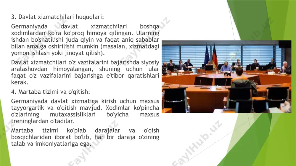 adagi davlat xizmatiga kirish uchun o'rta maxsus ta'lim (masalan, o'rta maxsus maktab yoki kasb-hunar kollejini tamomlash) talab qilinadi. ba'zi hollarda, bir necha yillik amaliy tajriba yoki maxsus o'quv kurslari ham talab qilinadi. ishlash sohalari: yordamchi vazifalar, xodimlar bilan ishlash, ma'lumotlarni tahlil qilish va arxivlash, shuningdek, kundalik administrativ vazifalarni bajarish. b. yuqori darajadagi xodimlar (gehobener dienst): tavsif: bu darajaga kiruvchi xodimlar ko'proq boshqaruv va tashkilotchi funksiyalarni bajaradilar. ular davlat organlarining operatsion ishlari va boshqaruv jarayonlarini amalga oshiradilar, strategik qarorlar qabul qilishda yordam beradilar. malaka talablari: yuqori darajaga kirish uchun odatda oliy ma'lumot (bakalavr, magistr) talab qilinadi. shuningdek, bir necha yillik amaliy tajriba yoki mutaxassislik bo'yicha o'qish (masalan, davlat boshqaruvi, ijtimoiy fanlar, huquqshunoslik) kerak bo'lishi mumkin. ishlash sohalari: ma'muriy boshqaruv, moliyaviy nazorat, huquqshunoslik xizmatlari, davlat siyosatini ishlab chiqish, umumiy boshqaruv va ko'plab boshqa yuqori darajadagi xizmatlar. c. fuqaro xizmati (höherer dienst): tavsif: bu daraja eng yuqori va mas'uliyatli lavozimlarni o'z ichiga oladi. …
