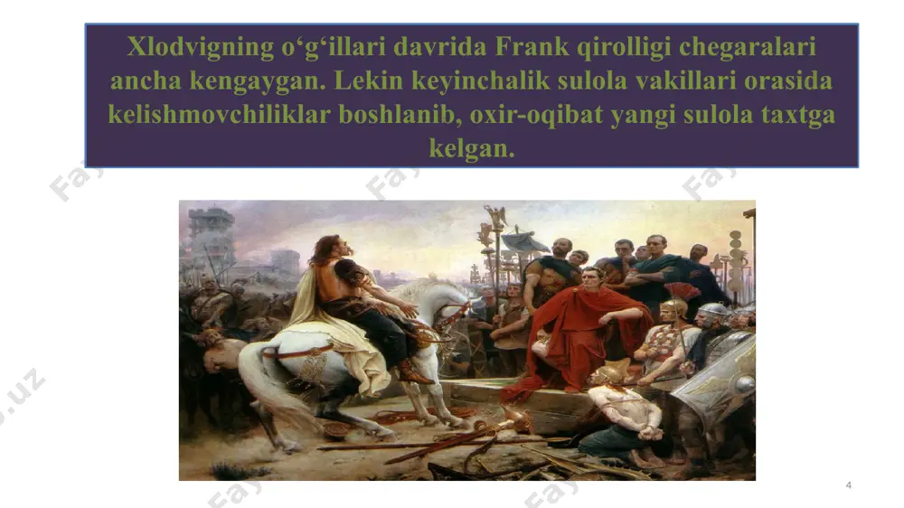 orlari va cherkov. x asrda germaniya aholisi imperatorga nisbatan o‘z gersoglarining gapiga ko‘proq quloq solgan. bunday vaziyatda otton i va uning vorislari o‘ziga xos usul qo‘llaganlar. germaniyadagi yepiskop va abbatlarga yer-mulk, boyliklardan tashqari ko‘plab huquq va imtiyozlar beradi. imperatorning o‘zi esa kerakli odamni cherkov lavozimiga tayinlagan, zarur bo‘lsa yepiskoplarni va hatto, rim papalarini hech qiyinchiliksiz almashtirgan. rim papalari otton i rimda ko‘plab yepiskoplar ishtirokida o‘zi yoqtirmagan papalardan birining ustidan sud jarayonini uyushtirib, uni tahqirli holatda vazifasidan chetlatgan. otton i rafiqasi bilan image1.jpeg image2.png image3.jpeg image4.emf image5.jpeg image6.jpeg image7.emf image8.jpeg image9.jpeg image10.png image11.png image12.emf image13.jpeg image14.png image15.png image16.emf image17.png image18.png image19.png image20.jpeg image21.png image22.jpeg image23.jpg image24.png image25.png image26.emf image27.png image28.jpeg image29.png image30.jpeg image31.jpeg image32.png image33.svg image34.emf image35.png image36.jpeg image37.jpeg image38.emf image39.emf image40.png image41.jpeg image42.png image43.jpeg image44.png image45.jpeg image46.emf image47.jpeg image48.jpeg image49.jpeg image50.jpeg image51.jpeg image52.jpeg image53.emf image54.jpeg image55.jpeg image56.jpeg image57.png image58.jpeg image59.emf charlemagne receives alcuin, 780. artist: schnetz, jean-victor (1787-1870) корнуай домнония …