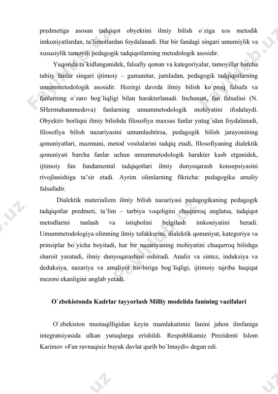barpo etish orqali ilmiy tadqiqotlar natijalarini o`quv-tarbiya jarayoniga o`z vaqtida joriy etish mexanizmini ro`yobga chiqarish. 3. kadrlar tayyorlash milliy dasturini samarali tarzda ta’minlash bo`yicha: - yuqori malakali kadrlar tayyorlash sifatini oshirish, yoshlarning ilmiy ijodiyotini har tomonlama qo`llab quvvatlash. ta’lim muassasalarida ilmiy tadqiqot va ilmiy pedagogik ishlar darajasini baholashga zamonaviy yondashuvni ro`yobga chiqarish, ilmiy tadqiqotlar va texnologik ishlanmalar natijalari tijoratlashuvi asosida olimlarning obro`-e’tibori va ijtimoiy maqomini oshirish kabilar. bu vazifalar ko`lamidan ma’lumki, barcha fanlar, ayniqsa pedagogika fani kadrlar tayyorlash milliy dasturini ilmiy metodik ta’minlashga xizmat qiladi. uzluksiz ta’lim tizimida har bir fanning o`rni, uzluksiz ta’lim standartlarini ishlab chiqishda fanlararo aloqa bo`lishi aks etadi. ma’lumki, har bir fanning o`qitish metodikasi fanlararo pedagogik tamoyillariga asoslanadi. har bir fan va amaliy bilim va ko`nikmaga aylanishi uning ahaityatini orttiradi. fanlarning yuqori malakali mutaxassislar tayyorlovchi va undan foydalanuvchi vazifasida ana shu uzviylik ifadalanadi. fanlararo aloqada ta’lim -tarbiya samaradorligini oshiradi ktmd ning amalga oshirishda pedagogika fani bilan …