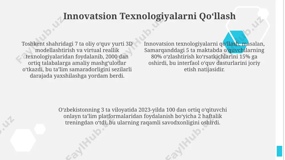 luvchi toshkentdagi maktablarda qo'llanilmoqda. tarbiya usullari bo'yicha 3 yillik tadqiqot natijalariga ko'ra, andijon viloyatida 70% o'qituvchilar ijobiy mustahkamlash usullarini samarali deb hisoblaydi. zamonaviy pedagogik yondashuvlar zamonaviy pedagogik yondashuvlarda, masalan, o'zbekistonning 10 dan ortiq oliy o'quv yurtlarida 21-asr ko'nikmalariga asoslangan 5 ta asosiy o'quv dasturi joriy etilgan. singapur va finlyandiya kabi davlatlarning tajribasi shuni ko'rsatadiki, individual yondashuvga asoslangan zamonaviy pedagogika usullari o'quv natijalarini sezilarli darajada, taxminan 15-20% ga yaxshilaydi. kognitiv psixologiyaga asoslangan zamonaviy pedagogik yondashuvlar, talabalarning 70% dan ortig'ida o'zlashtirish samaradorligini 25% ga oshirishga yordam beradi degan tadqiqotlar mavjud. pedagogik kommunikatsiya ko‘nikmalari pedagogik kommunikatsiyaning samaradorligini oshirish uchun 70% o‘qituvchilar "aktiv tinglash" va "nonverbal aloqa" texnikalarini o‘zlashtirish bo‘yicha treninglardan o‘tganligi haqida ma’lumotlar mavjud. samarqanddagi pedagogika kolleji talabalari uchun 3 bosqichli kommunikativ ko‘nikmalarni rivojlantirish dasturi ishlab chiqildi, unda 100 dan ortiq amaliy mashg‘ulotlar va rol o‘ynash o‘yinlari mavjud. pedagogik kommunikatsiya ko‘nikmalarini rivojlantirish uchun o‘zbekistonning 5 ta oliy ta’lim muassasasi 2023-yilda yangi o‘quv dasturlarni …