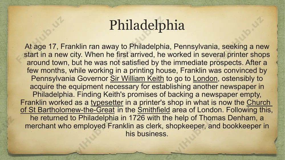 was interred in christ church burial ground in philadelphia. in 1728, aged 22, franklin wrote what he hoped would be his own epitaph: the body of b. franklin printer; like the cover of an old book, its contents torn out, and stript of its lettering and gilding, lies here, food for worms. but the work shall not be wholly lost: for it will, as he believ'd, appear once more, in a new & more perfect edition, corrected and amended by the author thank you for your attention image5.png image3.png image6.png image7.png image8.png image9.png image10.png image11.png image12.png image13.png image2.jpeg /docprops/thumbnail.jpeg