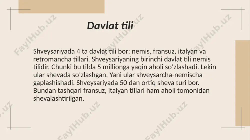 tensiv qishloq xoʻjaligiga ega boʻlgan yuksak rivojlangan industrial mamlakat; jahondagi yirik moliya markazlaridan va kapital eksport qiluvchilardan biri. yalpi ichki mahsulotda sanoatning ulushi 25%, qishloq xoʻjaligi niki 2,9%, moliya va sugʻurtaniki 25,4% ni tashkil etadi. sanoatida mashinasozlik va metallsozlik yetakchi tarmoq hisoblanadi. mashinasozlik sanoati metall ishlovchi aniq stanoklar, temirpress asbobuskunalari, elektrotexnika buyumlari ishlab chiqaradi shveysariya chetga mashinasozlik va metallsozlik mahsulotlari, jumladan, soat, aniq priborlar, ximikat, toʻqimachilik mollari, kiyimkechak, oziq-ovqat va boshqalar chiqaradi. chetdan neft va neft mahsulotlari, xom ashyo, jihozlar oladi. tashqi savdoda germaniya, fransiya, italiya, aqsh va boshqalar davlatlar bilan hamkorlik qiladi. e`tiboringiz uchun rahmat! image2.jpg image3.jpg image4.jpg image5.jpg image6.jpg image7.jfif image8.jpg image9.jpg image1.png