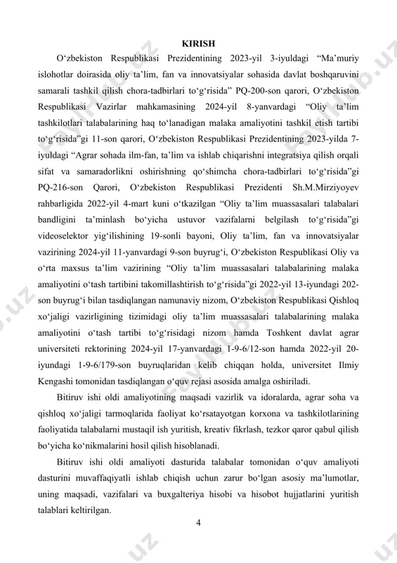 ot tarmoqlarida faoliyat ko‘rsatayotgan korxona va tashkilotlarida ishlab chiqarishni tashkil etish, tahlil qilish va boshqarishni o‘rganish hisoblanadi. bu o‘z navbatida bozor iqtisodiyoti sharoitida agrar soha va iqtisodiyot tarmoqlari uchun yuqori malakali kadrlar tayyorlashda asosiy vazifani bajaradi va korxona va tashkilotlarning samarali faoliyat olib borishida, klaster, tadbirkorlik subyektlari ish faoliyatini tashkil etishda amalga oshiriladi. bitiruv ishi oldi amaliyotining maqsadi vazirlik va idoralarda, agrar soha va iqtisodiyot tarmoqlarida faoliyat ko‘rsatayotgan korxona va tashkilotlarining faoliyatida talabalarni mustaqil ish yuritish, kreativ fikrlash, tezkor qaror qabul qilish bo‘yicha ko‘nikmalarni hosil qilish hisoblanadi. yuqorida qayd etilganlarni e’tiborga olgan holda 60811500-zooinjeneriya (baliqchilik) sirtqi ta’lim yo‘nalishi bo‘yicha bakalavr tayyorlashning o‘quv rejasiga 5-kurs 9-semestr bo‘yicha 4 hafta bitiruv ishi oldi amaliyoti kiritilgan. bо‘lajak mutaxassisda mustaqil fikrlash, tadbirkorlik va doimiy ijodkorlikka yо‘naltirilgan yangicha iqtisodiy tafakkurni shakllantirishga oliy о‘quv muassasasi va ishlab chiqarishning hamkorligi orqali erishish mumkin. bunga talabalarning ishlab chiqarish korxonalari, turli tashkilot va idoralarda amaliyot о‘tashi orqali erishiladi. bitiuv …