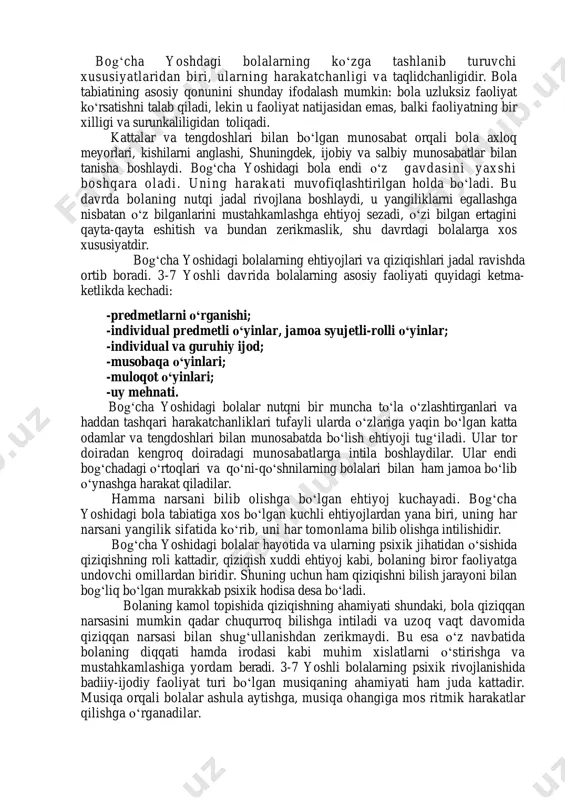 orilmog‘i kerak. asosan, shu davrdan boshlab bolaning mustaqil faoliyati kuchaya boshlaydi. bog‘cha yoshdagi bolalarga beriladigan tarbiya, ularning murakkab harakatlarini о‘zlashtirish, elementar gigiyena, madaniy va mehnat malakalarini shakllantirish, nutqini rivojlantirish hamda ijtimoiy axloq va estetik didining dastlabki kurtaklarini hosil qilishga qaratilishi lozim. mashhur rus pedagogi lesgaftning fikricha, insonning bog‘cha yoshidagi davr shunday bir bosqichki, bu davrda bolalarda xarakter xislatlarining namunalari shakllanib, axloqiy xarakterning asoslari yuzaga keladi. bog‘cha yoshdagi bolalarning kо‘zga tashlanib turuvchi xususiyatlaridan biri, ularning harakatchanligi va taqlidchanligidir. bola tabiatining asosiy qonunini shunday ifodalash mumkin: bola uzluksiz faoliyat kо‘rsatishni talab qiladi, lekin u faoliyat natijasidan emas, balki faoliyatning bir xilligi va surunkaliligidan toliqadi. kattalar va tengdoshlari bilan bо‘lgan munosabat orqali bola axloq meyorlari, kishilarni anglashi, shuningdek, ijobiy va salbiy munosabatlar bilan tanisha boshlaydi. bog‘cha yoshidagi bola endi о‘z gavdasini yaxshi boshqara oladi. uning harakati muvofiqlashtirilgan holda bо‘ladi. bu davrda bolaning nutqi jadal rivojlana boshlaydi, u yangiliklarni egallashga nisbatan о‘z bilganlarini mustahkamlashga …