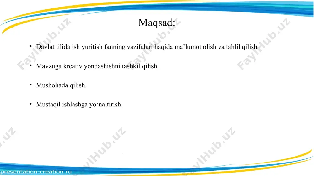 likasining “davlat tili haqida’’gi qonuni o‘n birinchi chaqiriq o‘zbekiston respublikasi oliy sovetining 11-sessiyasida 1989-yil 21-oktabrda qabul qilingan. 1-modda. o‘zbekiston respublikasining davlat tili o‘zbek tilidir. 5-modda.o‘zbekiston respublikasida davlat tilida faoliyat ko‘rsatadigan, milliy guruhlar zich yashaydigan joylarda esa – ularning tillarida faoliyat ko‘rsatadigan maktabgacha tarbiya bolalar muassasalarini tashkil etish ta’minlanadi. 2-modda. o‘zbek tiliga davlat tili maqomining berilishi respublika hududida yashovchi millat va elatlarning o‘z ona tilini qo‘llashdan iborat konstitutsiyaviy huquqlariga monelik qilmaydi. 3-modda. …ushbu qonun tillarning turmushda, shaxslararo muamalada hamda diniy va ibodat bilan bog‘liq udumlarni ado etishda qo‘llanishini tartibga solmaydi. fuqarolar millatlararo muomala tilini o‘z xohishiga ko‘ra tanlash huquqiga egadirlar. 4-modda. o‘zbekiston respublikasida davlat tilini o‘rganish uchun barcha fuqarolarga shart-sharoit hamda uning hududida yashovchi millatlar va elatlarning tillariga izzat-hurmat bilan munosabatda bo‘lish ta’minlanadi, bu tillarni rivojlantirish uchun yaratiladi. fuqarolarga davlat tilini o‘qitish bepul amalga oshiriladi. o‘zbekiston respublikasi prezidenti 2019-yil 21-oktabrda “o‘zbek tilining davlat tili sifatidagi nufuzi va mavqeyini tubdan oshirish chora-tadbirlari …