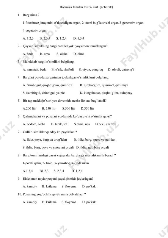 n 2. gultugunida birnechta bo’lgan o’simliklarni belgilang . a. g’o’za, olcha b. o’rik, bexi s. go’za, anor d. anor, olxo’ri 3. eng kichik gulli o’simlik qaysi ? a. refleziya b. vulfiya s. kiparis d. evkalipt 4. to’g’ri gulli o’simliklarni aniqlang . a. beda, isfarak b. nastarin, burchoq s. shaftoli, o’rik d. kiyiko’t, loviya 5. ziravor o’simliklarni belgilang. a.bug’doy, sholi b.nastarin, burchoq s. zira, murch d. nok, olma 6. qaysi o’simlikning urug’i unuvchanligini 100 yilgacha saqlashi mumkin? a. izen b. yantoq s.saksovul d.shuvoq 7. tugunchasida urug’kurtagi ko’p bo’lgan o’simliklarni belgilang. 1-kamxastak 2-olcha 3-lola 4-mingdevona 5- go’za 6- shaftoli a.1,4,5 b. 2,4,6 s. 3,4,5 d.4,5,6 8. bitta gulda ham urug’chi ham changchi bo’lsa qanday nomlanadi? a. bir jinsli gul b. bir uyli o’simlik s. ikki jinsli gul d. ikki uyli o’simlik 9. qaysi o’simlik urug’ida urug’palla qat-qat bo’lib joylashgan? a. go’za b.sedana s.ravoch d.turp 10. soxta mevali o’simlikni aniqlang. a. qayrag’och, zarang …