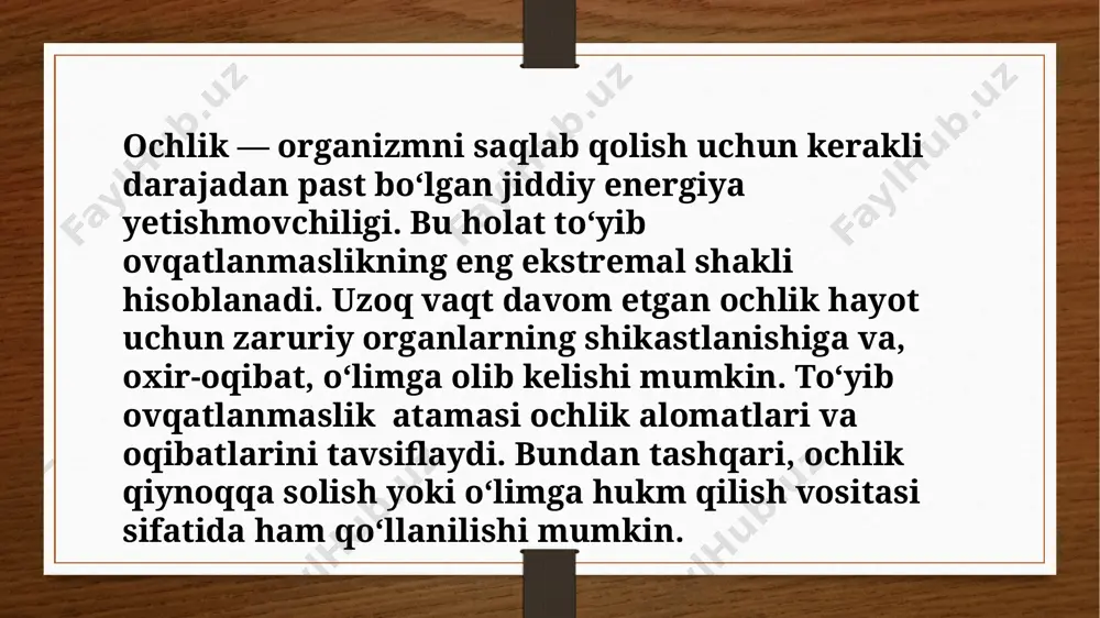 anish, oksidlovchi stress, immunitetning buzilishi va ichak mikrobiotasining oʻzgarishi kabi ehtimoliy sabablar ham taklif qilingan. davolash choralari vazn yoʻqotish va mushaklarning yoʻqolishi kabi simptomlarni yengillashtirishga yordam beradi, ammo uning oldini olish ham juda muhimdir. hech qanday oziq-ovqatsiz qolganda odam odatda 2 oy ichida halok boʻladi. ammo bir kishining 382 kun oziq-ovqatsiz omon qolishi hammani hayratda qoldirgan[. ozgʻin odamlar odatda tana massasining 18 foizigacha qismini yoʻqotgunga qadar omon qolishi mumkin. semizlik kuzatilgan odamlar bu holatga, ehtimol, 20 foizdan koʻproq chidaydilar. ochlik holatida ayollar erkaklarga qaraganda uzoqroq umr koʻrishlari aniqlangan ochlikdan aziyat chekayotgan aholi ulushi, jahon oziq-ovqat dasturi. 2020-yil. 35,0% ma'lumot mavjud emas ochlik oʻzining boshlangʻich davrlarida kishining ruhiy holati va xatti-harakatlariga taʼsir qiladi. bu alomatlar asabiy kayfiyat, charchoq, diqqatni jamlashda muammolar va oziq-ovqat haqidagi doimiy oʻylar bilan mashgʻullik tarzida namoyon boʻladi. bunday holatdan aziyat chekayotgan odamlar odatda hamma narsadan oʻta tez chalgʻiydilar va hech qanday potensial kuchga ega boʻlmaydilar jismoniy belgilar …