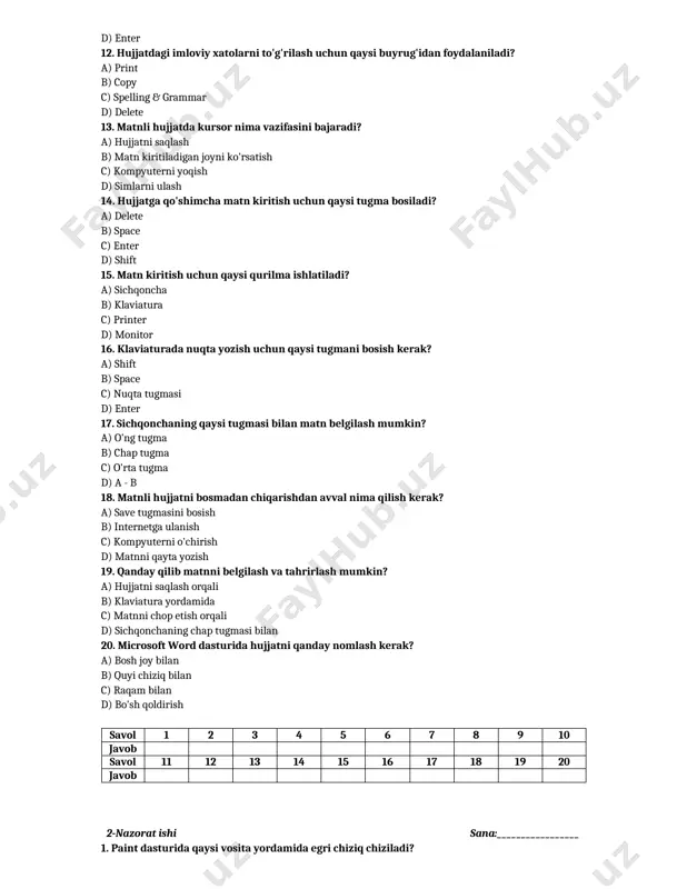 b) select c) eraser d) copy 10. tasvirni saqlash uchun qaysi buyruq ishlatiladi? a) print b) save c) cut d) paste 11. paint dasturida to'rtburchak shaklni qanday hosil qilamiz? a) rectangle uskunasi yordamida b) pencil yordamida c) line yordamida d) brush yordamida 12. shaklning tashqi hoshiyasiga qanday rang beriladi? a) brush b) color 2 c) color 1 d) size 13. tasvirni boshqa joyga joylash uchun qaysi buyruqdan foydalaniladi? a) eraser va line b) copy va save c) cut va paste d) fill va brush 14. paint dasturida yangi tasvir yaratishda qaysi buyruqdan foydalaniladi? a) new b) save as c) open d) print 15. shaklning ichki qismini rang bilan to'ldirish uchun qaysi uskuna ishlatiladi? a) pencil b) color 1 c) brush d) fill 16. paint dasturida chizilgan tasvirni qanday qilib tahrir qilamiz? a) eraser yordamida b) save yordamida c) select va delete yordamida d) print yordamida 17. paint dasturida yangi tasvir …