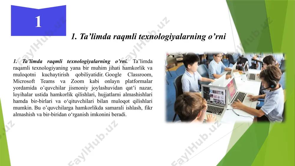 ilaringiz mashg'ulotlarni tugatganda, ular o'zlarini boyitish uchun sinfdan tashqari ta'limni qilishni rejalashtirishi mumkin. darsning didaktik jihatlarini rivojlantirishda raqamli ta’limning asosiy vositalari 3 videokonferensiya xizmatlari, misol uchun, zoom yoki skype orqali, toshkentdan samarqanddagi o‘quvchilar bilan onlayn repetitorlik sessiyalarini tashkil etib, 10 dan ortiq o‘quvchiga bir vaqtning o‘zida 5 xil mavzuni o‘rgatishga imkon beradi. onlayn ta’lim platformalari, masalan, moodle yoki google classroom kabilar, 50 dan ortiq o‘quvchiga bir vaqtning o‘zida 1000 dan ziyod materialni taqdim etish imkoniyatini beradi va bunday platformalar dunyoning har bir burchagidan foydalaniladi. raqamli kutubxonalar va ma’lumot bazalari jahon miqyosidagi 100 dan ortiq universitetning onlayn resurslariga ulanish imkoniyati mavjud bo'lgan raqamli kutubxonalar, ta'lim jarayonini boyitish va zamonaviy bilimlarni o'zlashtirishga yordam beradi. ma’lumot bazalari, jumladan, scopus va web of science kabi xalqaro ma’lumot bazalari, talabalar va o'qituvchilarga 20 dan ortiq fan sohasi bo'yicha ilmiy maqolalarga kirish imkonini beradi interfaol o'quv dasturlari va platformalar o'zbekistonning 5 ta viloyatida sinovdan o'tkazilgan tadqiqotlar …
