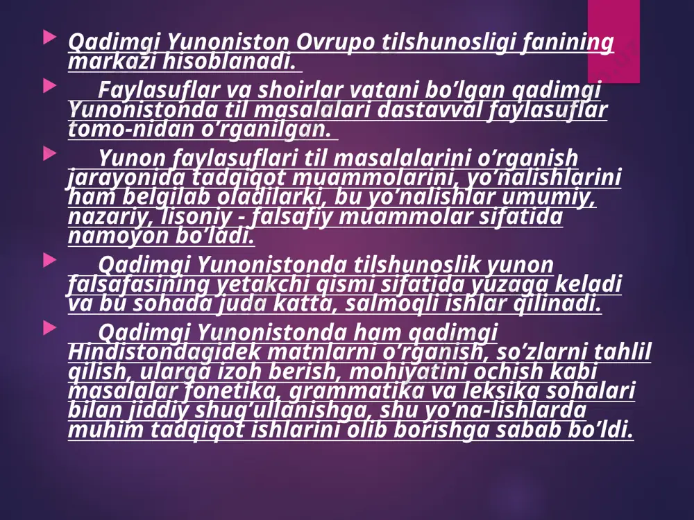 n tilshunosligidagi analogiya va anomaliya maktablaridagi munozaralar ham rim tilshunosligida davom ettirildi. qadimgi rim tilshunosligining vakillari: yuliy tsezar, mark terentsiy varron, mark fabiy, kvintilian, eliya donata, verriy flakk, pristsian va boshqalardir. yuliy tsezar (eramizdan ilgarigi 100-44 y). qadimgi rimning taniqli davlat arbobi, lashkarboshisi va notig’i yuliy tsezar «analogiya haqida» nomli grammatik asarini yozdi. u so’z va predmet munosabati masalasida analogiya1 tarafdori sifatida tanildi. mark terentsiy varron (eramizdan ilgarigi 116-27 y). mark varron 25 kitobdan iborat «lotin tili haqida» asarini yaratdi. shu kungacha bu asarning 6 tasi yetib keldi. kitobda analogistlar va anomalistlar orasidagi nazariy tortishuv, munozara mukammal bayon qilinadi. u ham yuliy tsezar kabi analogiya tarafdori edi. varron so’z o’zgarishini analogiyaga, so’z yasalishini esa anomaliyaga kiritadi. eliya donata (bizning eramizgacha iv asrning o’rtalari). eliya donata grammatikaga oid keng qamrovli mashhur asarini yozadi va uni «grammatika san‘ati» deb nomlaydi. ushbu asar to’liq va qisqartirilgan variantlarda bizning zamonamizgacha yetib kelgan. verriy flakk …