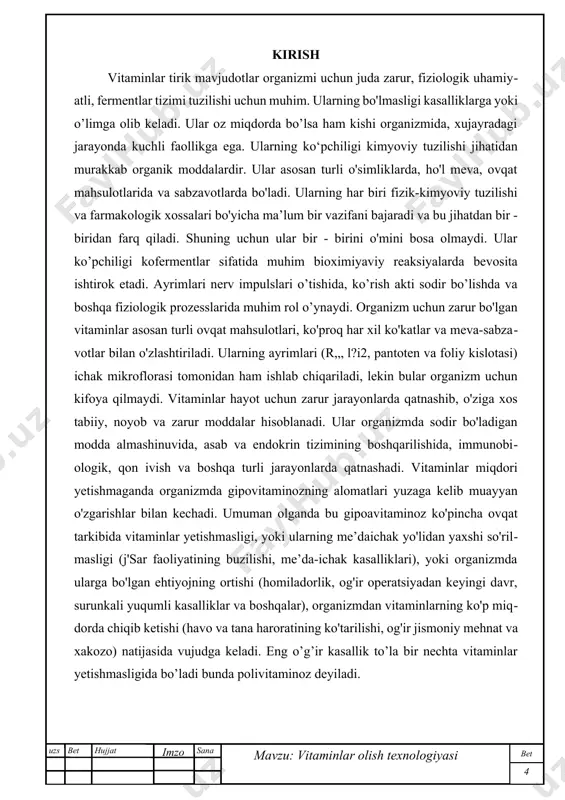 da-pirouzum kislotasini yo‘qotib, asab tizimining qo‘zg‘alishini me’yorlashtiradi. tiamin gipo- va avitaminozi uning yetishmovchiligi eng avvalo nerv tizimi faoliyatining o‘zgarishiga olib keladi, xotiraning susayishi, undan tashqari oshqozon-ichak va qon tomirlar tizimining yaxshi faoliyat ko‘rsatmasligiga olib keladi. avitaminoz b1 da beri-beri kasalligi (polinevrit, periferik nerv tolalarining yallig‘lanishi) tufayli falajlik kasalligi kuzatiladi. shu bilan birga, suvning almashinuvini buzilishi, yurak-qon tomirlari tizimi funksiyalarining buzilishi kuzatiladi. vitamin b1 yiringli infeksiyalarga qarshi immunitetni ishlab chiqaradi, u ayniqsa: husnbuzarlar, teri qichishishi davolashda zarurdir. aqliy va jismoniy faoliyat bilan ko‘p shug‘ullanuvchilar bu vitaminni shifokor maslahatiga asoslanib, ko‘proq iste’mol qilishi kerak. soch ko‘p to‘kilishi va oqarishi shu vitamin yetishmasligidan dalolat beradi. b1 vitaminining tabiiy manbalari bu suvda eruvchi vitamin hisoblanib, shu sababli bunday mahsulotlar qaynatib pishirilganda uning suvi ham ana shu vitaminga boy bo‘ladi. ushbu vitamin soda ta’siri ostida nobud bo‘ladi. ushbu vitamindagi bir sutkalik talab 1-2 mg.ni tashkil etadi. ushbu vitamin qaysi mahsulotlarda mavjuddir: bular — dag‘al maydalangan …