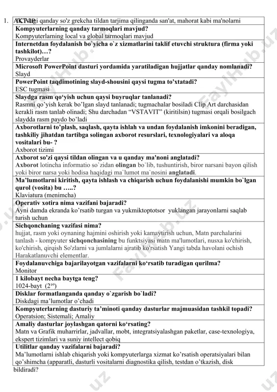 jadvalda formula o’z ichiga qabul qila olmaydi matnni cd-r va cd-rw disk yurituvchilarining farqi nimada? cd-r bir marta yozish uchun; cd-rw qayta yozish uchun ishchi kitob (kniga) standart xolatda nechta листdan iborat bo’ladi va ularning nomi? 3 ta varaqdan iborat list 1, list 2, list 3 fayl nima? ehm (kompyuter)larda ma’lumot saqlanuvchi diskning nomlangan sohasi, o’z belgisi(nomi) ga ega bo’ladi yo’naltiruvchi tugmachalardan tashqari qaysi tugmachalar yordamida kursorni bitta yacheyka yuqoriga o’tkazish mumkin? ctrl+enter orqali tepaga word matn muharririda ctrl+z tugmasi qanday vazifani bajaradi? bajarilgan amalni bitta ortga qaytaradi katalog nima? katalog (yunoncha “catalogs”-ro’yxat) bir muayyan narsalar (masalan: kitob, eksponat, tovarlar)ning ma’lum tartibda tuzilgan ro’yxati, ularni topishni osonlashtiradi word-da alt +f4 tugmalari bosilsa nima sodir bo’ladi? word dasturini yopadi kompyuter tarmoqlari deb nimaga aytiladi ? kompyuterlarning o’zaro axborot almashish imkoniyatlarini beruvchi qurilmalar majmuyiga aytiladi internet nima? katta(global) va kichik (local) kompyuter tarmoqlarini o’zaro bog’lovchi butunjahon kompyuter tizimi bir binoda yoki bir-biriga …
