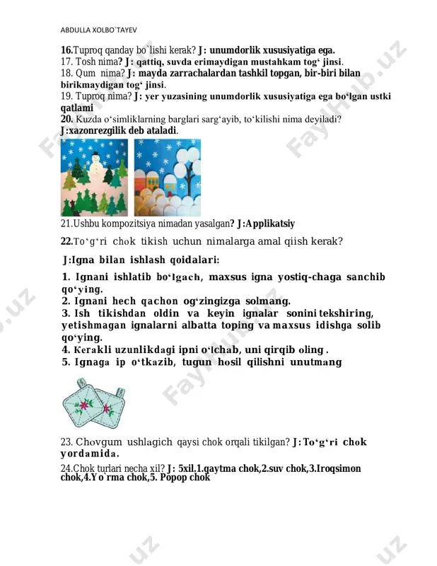 ish.3. shivirlab o'qish 10. ovozli o‘qish qanday o`qish? j: ovozga asoslangan o'qish bo'lib, undan ta ’lim jarayonida keng foydalaniladi.ovozli o'qishning yakka, jo 'r va rollarga bo'lib o'qish usullari mavjud. yod aytish ham ovozli o'qishning bir shaklidir 11. yer yuzidagi eng sovuq joy qayer? j: – antarktida 12. yer yuzidagi eng issiq joy qayer? j: antarktida va afrika 13.tabiiy boyliklar nima? j : inson tabiatdan olib foydalanadigan barcha boyliklar tabiiy boyliklardir 14. foydali qazilmalar nima? j:yer ostida oltin, kumush, tabiiy gaz, neft singari tabiiy boyliklar mavjud. ulardan qazib olinib, foydalaniladi.bunday boyliklar foydali qazilmalardir 15 .tuproq nima?j: inson hayoti uchun zarur tabiiy boyliklardan biri.. abdulla xolbo`tayev 16.tuproq qanday bo`lishi kerak? j: unumdorlik xususiyatiga ega. 17. tosh nima? j: qattiq, suvda erimaydigan mustahkam tog‘ jinsi. 18. qum nima? j: mayda zarrachalardan tashkil topgan, bir-biri bilan birikmaydigan tog‘ jinsi. 19. tuproq nima? j: yer yuzasining unumdorlik xususiyatiga ega bo‘lgan ustki qatlami 20. kuzda o‘simliklarning …