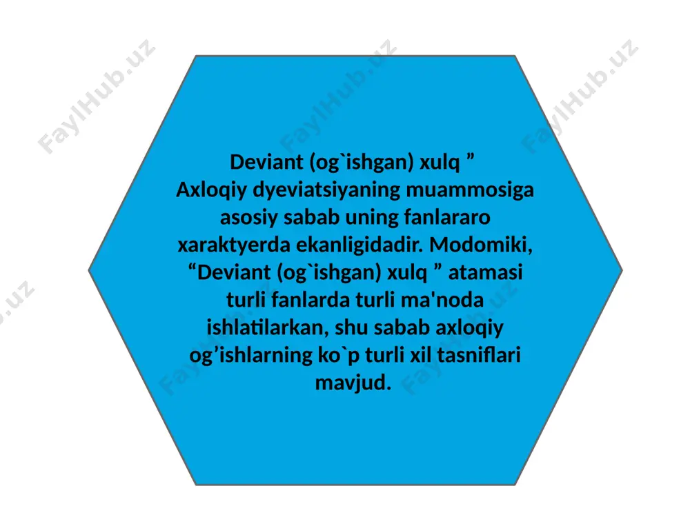 ogik vazifalari olamida maktab o`quvchisining og`ishgan xulqi maktabga moslashmaganlik kabi ijtimoiy moslashmaganlik xarakteriga ham ega. тушунтирув-кўрсатмалилик методи - бу метод репродуктив ijtimoiy moslashmaganlikning maktab yoshida anchagina masshtabli belgilari bo`lib quyidagilar chiqishi mumkin: psixofaol moddalarni muntazam istye'mol qilish (uchuvchi eritmalar, ichkilik, giyohvand moddalar), jinsiy deviatsiyalar, fog’ishabozlik, daydilik, jinoyat sodir etish. oxirgi vaqtlarda maktab o`quvchilarining og`ishgan xulqida nisbatan kompyutyer o`yinlari yoki diniy syektalarga qaram bo`lib qolish bilan bog’liq bo`lgan yangi shakl kuzatilmoqda. juda yoshlikdan va maktab yoshidagi og`ishgan xulq ko`rinishlari haqidagi masala yanada chalkash. umuman shaxsning “mustaqil bo`lmagan” bu bosqichida deviant axloq haqida gapirish mumkinmikinq pedagoglar va ota- onalar ko`pincha kichik bolalarda zararli odatlar (barmoqini so`rish, tirnoqini chaynash), ovqat yeyishdan bosh tortish, quloq solmaslik, tajovuzkor axloq, masturbatsiya, giperfaol axloq kabi axloqning shunday salbiy ko`rinishlari bilan to`qnashadilar. og`ishgan xulq turlarining psixologik tasnifi psixologik yondoshuv shaxsning og`ishgan xulqidagi alohida ko`rinishlarni ijtimoiy-psixologik tafovutini ajratishga asoslangan. psixologik tasniflar quyidagi mezonlar asosida quriladi: buzilgan me’yor turi; axloq …