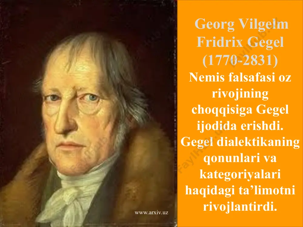w.arxiv.uz www.arxiv.uz sharq xalqlarida ozodlik bolmagan ,ozod odam sifatida faqat bir kishi –zolim hukmdor tan olingan.yunon-rim dunyosiga ozodlikning mavjudligi xosdir, ammo u chegaralangan hududlarda ba’zilar uchungina idrok etilgan.shuning uchun yunon-rim dunyosining davlat tuzumi qullikni inkor etmaydi.tola ozodlik oz ifodasini faqat german xalqlarida topdiki,ular oz tarixiy taraqqiyotlari davomida refomatsiya(diniy islohot) va 1789-yildagi fransuz inqilobini mahsulini meros qilib olib,umumiy fuqarolik va siyosiy ozodlika erishdilar. www.arxiv.uz www.arxiv.uz gegel falsafasi ichki ziddiyatlarga ega.bilish tizimi bir qancha turdagi anglash bosqichlaridan otib,oxirgi bosqich bolgan oz-ozini anglashda tugallanadiki ,uni amalga oshiruvchi narsa gegel falsafasining ozi bolib chiqadi.gegel usuli va tizimi ortasida qarama-qarshilik kelib chiqadi. www.arxiv.uz www.arxiv.uz feyerbax moddiyunchilik nuqtai nazaridan gegel falsafasini jiddiy va har tomonlama tanqid ostiga olgan birinchi faylasufdir. www.arxiv.uz www.arxiv.uz falsafa mavzusini ifodalab ,feyerbax shunday qarorga keladiki,uning diqqat markazida inson turmogi lozim.”yangi falsafa -deb yozadi nemis mutaffakkiri ,-tabiatni ham inson poydevori sifatida qoshgan holda insonni falsafaning yagona ,umumiy va oliy mavzusiga aylantiradi. shundan korinadiki …