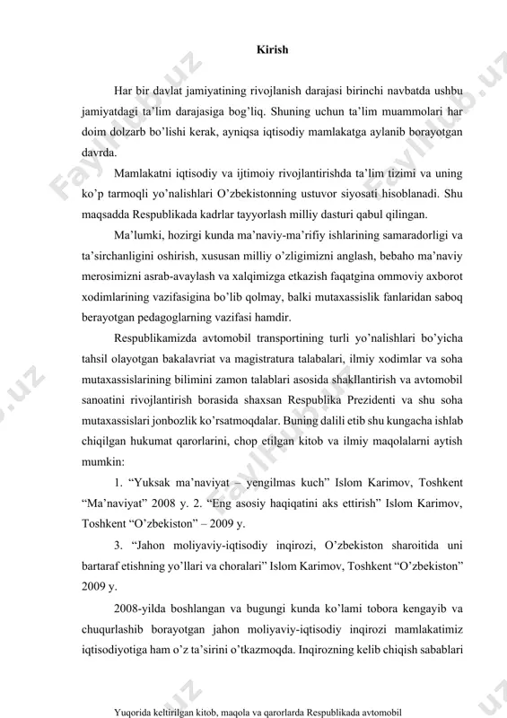 m karimov, toshkent “ma’naviyat” 2008 y. 2. “eng asosiy haqiqatini aks ettirish” islom karimov, toshkent “o’zbekiston” – 2009 y. 3. “jahon moliyaviy-iqtisodiy inqirozi, o’zbekiston sharoitida uni bartaraf etishning yo’llari va choralari” islom karimov, toshkent “o’zbekiston” 2009 y. 2008-yilda boshlangan va bugungi kunda ko’lami tobora kengayib va chuqurlashib borayotgan jahon moliyaviy-iqtisodiy inqirozi mamlakatimiz iqtisodiyotiga ham o’z ta’sirini o’tkazmoqda. inqirozning kelib chiqish sabablari va o’zbekiston sharoitida uni bartaraf etish chora-tadbirlari prezident i.a. karimovning “jahon moliyaviy-iqtisodiy inqirozi, o’zbekiston sharoitida uni bartaraf etishning yo’llari va choralari” nomli asarida batafsil yoritilgan. yuqorida keltirilgan kitob, maqola va qarorlarda respublikada avtomobil jahon moliyaviy-iqtisodiy inqirozi kelib chiqishining asosiy sababi sifatida yirik banklar va moliyaviy tuzilmalarning likvidlik, ya’ni to’lov qobiliyati zaiflashishi, kredit bozoridagi tanglik, sodda qilib aytganda pul mablag’larining etishmasligi bilan izohlanadi. asarda jahon moliyaviy inqirozining mamlakatimiz iqtisodiyotiga ta’sirini kamaytirish va uning oqibatlarini bartaraf etish uchun zaruriy chora- tadbirlar keltirilgan. xususan, moliya-bank tizimining ishonchli boshqaruvi, iqtisodiyotning real sektori korxona …