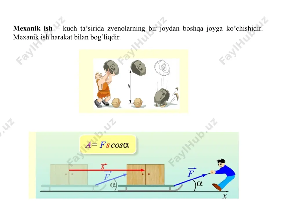 ay qoladi. bunday harakat muvozanatlashmagan kuchlar ta’sirida paydo bo’ladi, lekin harakat davrining har bir tsikllarida bajarilgan ishlarning yig’indisi nolga teng bo’ladi. (8.1-rasm, 4-13 (b)) mashinalar ish jarayonida taxminan shunday muvozanatlashmagan barqaror harakatni amalga oshiradi. shu sababli, muvozanatlashmagan barqaror harakatni o’rganish dinamikaning asosiy masalaridan hisoblanadi. mashinalar va mexanizmlar dinamikasi asosan quyidagi masalalar bilan shug’ullanadi. 1. mashina va mexanizmlar kinematik juftlaridagi reaktsiya kuchlarini, inertsiya kuchlarini hisobga olgan holda aniqlash. muvozanatlovchi kuch va momentlarini topish. bu dinamikani kinetostatika qismiga kiradi. 2. mashina va mexanizmlarda berilgan energiyaning tarqalish qonuni va foydali ish koeffitsientlarini topish. 3. mashina va mexanizmlardagi ayrim zvenolarning yoki zveno nuqtalarining berilgan kuchlar ta’siridagi haqiqiy harakat qonunlarini topish. 4. mashina va mexanizmlar harakatining bir tekisda bo’lishini ta’minlash. zvenolarga ta’sir etuvchi kuchlar. mashinalarning harakati davrida, uning har qanday bo’g’inida quyidagi tashqi kuchlar va momentlar bo’lishi mumkin: - bo’g’inlarning og’irlik kuchi, bu kuch vektori hamma vaqt yer markazi tomon yo’nalgan; - bo’g’in o’zgaruvchan tezlik …