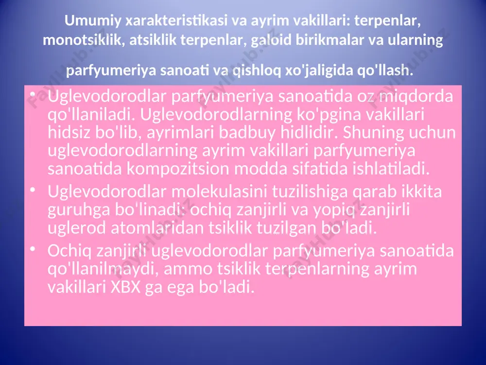 glevodorodlar asosan sintetik yuvish vositalari ishlab chiqarishda ishlatiladi. butadien olishning asosiy sanoat usullari: butadien olishning asosiy sanoat usullari quyidagilar: 1. lebedov usuli bo'yicha etil spirtidan olish, 2. butanni degidrirlash (bir va ikki bosqichli usullar bilan) 3. piroliz jarayoni s4 fraktsiyasidan ajratib olish. butadien ishlab chiqarish xajmlari quyidagi jadvalda keltirilgan. butadien ishlab chiqarish xajmlari mamlakatlar butadien ishlab chiqarish xajmi, mln.t 1960 1970 1975 1980 aqsh va kanada 0,9 1,6 1,8 2,7 /arbiy evropa 0,2 0,8 1,4 2,3 yaponiya 0,4 0,6 1,0 monosaxaridlar (monozlar) geksozalarning tabiatda ikki turi – glyukoza va fruktoza keng tarqalgan. glyukoza oksialdegid, fruktoza esa oksiketon hisoblanadi. monozlarning tuzilishi. glyukoza va fruktoza tuzilishini quyidagi reaksiyalar yordamida isbotlangan: glyukoza va fruktoza vodorod yodid bilan qaytarilganda 2-yodgeksan hosil bo’ladi: -d-гюкопираноза d-глюкоза -d-гюкопираноза -d-фруктофураноза d-фруктоза -d-фруктофураноза