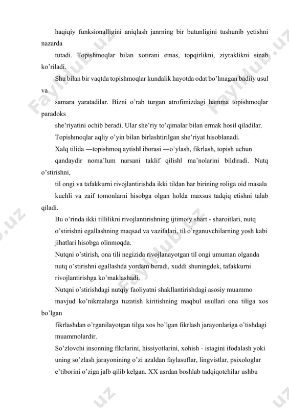 mentlarni birlashtirish va o’zgartirish qoidalari) eng muhim tabiiy tizimi sifatida tushuniladi. nutq esa insonlarning tildan ta’lim olish ya’ni axborotni qabul qilish va uzatishda foydalanish jarayoni sifatida tushuniladi. ta’lim amaliyotida ―til‖ so’zi qo’llanilganda ko’pincha til bilan birga nutq ham tushuniladi. bu shu bilan izohlanadiki, bola nutqi undan tashqaridagi til tizimi bilan belgilanadi. u nutqni egallar ekan, ushbu til mavjudligining qoida va usullarini ham egallaydi. va yana kishilarning nutqiy muloqotini muayyan miqdordagi so’zlarni va ushbu til qoidalarini bilmasdan, muayyan mazmunni ifodalash uchun ushbu so’zlarni bir - biriga bog’lash ko’nikmalarisiz tasavvur qilib bo’lmaydi. shunday qilib, til va nutq turli tushunchalar bo’lgani holda bir - biri bilan uzviy bog’liq. til bu imkoniyatli muloqot vositasi, nutq esa harakatdagi aynan o’sha vositalar hisoblanadi. til va nutq eng bevosita tarzda fikrlash bilan bog’langan, chunki u uning quroli hisoblanadi. til ong kabi qadimiydir. til boshqa kishilar uchun amalda mavjud bo’lgan haqiqiy ongdir va ongga o’xshab til faqat ehtiyojdan, …