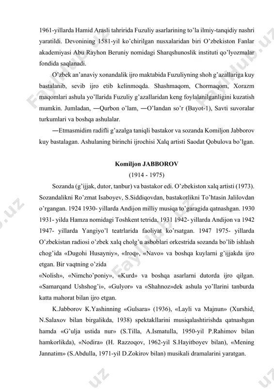tanqidiy nashri yaratildi. devonining 1581-yil ko’chirilgan nusxalaridan biri o’zbekiston fanlar akademiyasi abu rayhon beruniy nomidagi sharqshunoslik instituti qo’lyozmalar fondida saqlanadi. o’zbek an’anaviy xonandalik ijro maktabida fuzuliyning shoh g’azallariga kuy bastalanib, sevib ijro etib kelinmoqda. shashmaqom, chormaqom, xorazm maqomlari ashula yo’llarida fuzuliy g’azallaridan keng foylalanilganligini kuzatish mumkin. jumladan, ―qurbon o’lam, ―o’landan so’r (bayot-1), savti suvoralar turkumlari va boshqa ashulalar. ―etmasmidim radifli g’azalga taniqli bastakor va sozanda komiljon jabborov kuy bastalagan. ashulaning birinchi ijrochisi xalq artisti saodat qobulova bo’lgan. komiljon jabborov (1914 - 1975) sozanda (g’ijjak, dutor, tanbur) va bastakor edi. o’zbekiston xalq artisti (1973). sozandalikni ro’zmat isaboyev, s.siddiqovdan, bastakorlikni to’htasin jalilovdan o’rgangan. 1924 1930- yillarda andijon milliy musiqa to’garagida qatnashgan. 1930 1931- yilda hamza nomidagi toshkent tetrida, 1931 1942- yillarda andijon va 1942 1947- yillarda yangiyo’l teatrlarida faoliyat ko’rsatgan. 1947 1975- yillarda o’zbekistan radiosi o’zbek xalq cholg’u asboblari orkestrida sozanda bo’lib ishlash chog’ida «dugohi husayniy», «iroq», «navo» va boshqa kuylarni g’ijjakda …