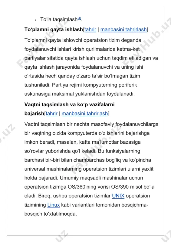shni bajarishni xohlashini aytdi. odatda perfokartalar palubasi koʻrinishidagi bir nechta vazifalar toʻplami topshiriqlar paketi nomini oldi. uchinchi davr (1965-1980-yillar)[tahrir | manbasini tahrirlash] kompyuterlar rivojlanishining uchinchi muhim davri 1965-1980-yillarga toʻgʻri keladi. bu vaqtda texnik bazada tranzistorlar kabi alohida yarimoʻtkazgichli elementlardan integral mikrosxemalarga oʻtish sodir boʻldi, bu esa yangi, uchinchi avlod ehmlariga ancha keng imkoniyatlar berdi. bu davr, shuningdek, dasturiy taʼminotga mos keladigan mashinalar oilalarini yaratish bilan tavsiflanadi. integral mikrosxemalarga asoslangan dasturiy taʼminotga mos keladigan mashinalarning birinchi oilasi ibm/360 seriyali mashinalar ishlab chiqilgan edi. 1960-yillarning boshlarida qurilgan bu oila ikkinchi avlod mashinalaridan narx/unumdorlik jihatidan sezilarli darajada ustun keldi. tez orada dasturiy taʼminotga mos keladigan mashinalar gʻoyasi umum eʼtirof etildi. dasturiy taʼminot operatsion tizim muvofiqligini talab qildi. bunday operatsion tizimlar katta va kichik turli xil tashqi qurilmalarga ega katta va kichik hisoblash tizimlarida tijorat sohasida va ilmiy tadqiqot sohasida ishlashi kerak edi. ushbu qarama-qarshi talablarning barchasini qondirish niyatida tuzilgan operatsion tizimlar dizayn jihatidan …