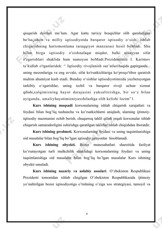 respublikasi prezidenti farmonlaridan, o’zbekiston respublikasi vazirlar maxkamasining karorlaridan, o`zbekiston respublikasi makroiktisodiyot va statistika vazirligi, o`zbekiston respublikasi moliya vazirligi me’yoriy xujjatlari, kursatmalari, buyruklari va xisobotlaridan manba sifatida foydalanildi. ishining tarkibiy tuzilishi. mazkur kurs ishi kirish, asosiy qism, xulosa, foydalanilgan adabiyotlar ro’yxatlaridan tarkib topgan. 1.foyda tushunchasi va uning iqtisodiy mazmuni foyda - [korxona], pul daromadlaridan sarflangan barcha [xarajat]lar chiqarib tashlangandan keyin qolgan qismiga aytiladi. korxonalarda tovar va xizmatlarni sotishdan olingan mablagʻlar ularning pul tushumlari yoki pul daromadlari deyiladi. foyda — tovarlar va xizmatlarni sotishdan olingan daromadning bu tovarlarni ishlab chiqarish va sotish xarajatlaridan ortiq qismi. korxonalar va tadbirkorlar xoʻjalik faoliyati moliyaviy natijalarining asosiy koʻrsatkichlaridan biri. f. pulda ifodalanadi. f. bozor daromadi boʻlib, uning qonunqoidalariga binoan vujudga keladi, taqsimlanadi va ishlatiladi. f. kapital, ishlab chiqarish omili sifatida tovar va xizmatlar narxi tarkibiga kiradi, ular sotilgach, pul shaklida kapital sohibi ixtiyoriga keladi. f. topish tadbirkorlikning asl maqsadi hisoblanadi, unga intilish bozor iktisodiyotining rivojlanishini taʼminlaydi. …