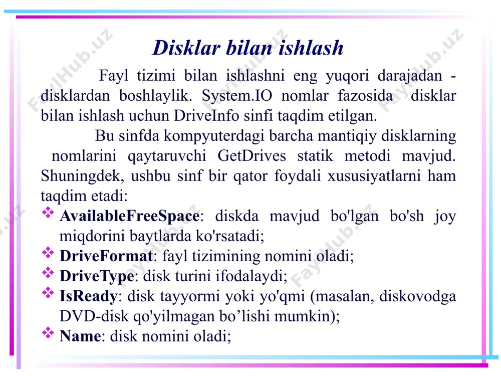 onsole.writeline(); console.writeline("fayllar:"); string[] files = directory.getfiles(dirname); foreach (string s in files) { console.writeline(s); } } fayl nomlarida sleshlardan foydalanishga e'tibor bering. qo'sh sleshdan foydaniladi: "c:\\", yoki bitta sleshdan, lekin butun yo'l oldiga @ belgisi qo'yiladi: @"c:\program files". 9 kataloglar bilan ishlash katalog yaratish string path = @"c:\somedir"; string subpath = @"program\avalon"; directoryinfo dirinfo = new directoryinfo(path); if (!dirinfo.exists) { dirinfo.create(); } dirinfo.createsubdirectory(subpath); dastlab, bunday katalog mavjudligini tekshiradi, chunki agar u mavjud bo'lsa, uni yaratish mumkin emas va dastur xatolik haqida xabar qiladi. natijada quyidagi yo'lga ega bo’lamiz: "c:\somedir\program\avalon" 10 kataloglar bilan ishlash katalog haqida ma'lumot olish string dirname = "c:\\program files"; directoryinfo dirinfo = new directoryinfo(dirname); console.writeline($"katalog nomi: {dirinfo.name}"); console.writeline($"katalogning to'liq nomi: {dirinfo.fullname}"); console.writeline($"katalogning yaratilgan vaqti: {dirinfo.creationtime}"); console.writeline($"ildiz katalogi: {dirinfo.root}"); 11 kataloglar bilan ishlash katalogni o'chirish agar ba'zi fayllar yoki pastki kataloglarni o'z ichiga olgan bo'sh bo'lmagan papkaga delete metodini qo'llasak, dastur xatolik haqida xabar qiladi. shuning uchun ham delete …