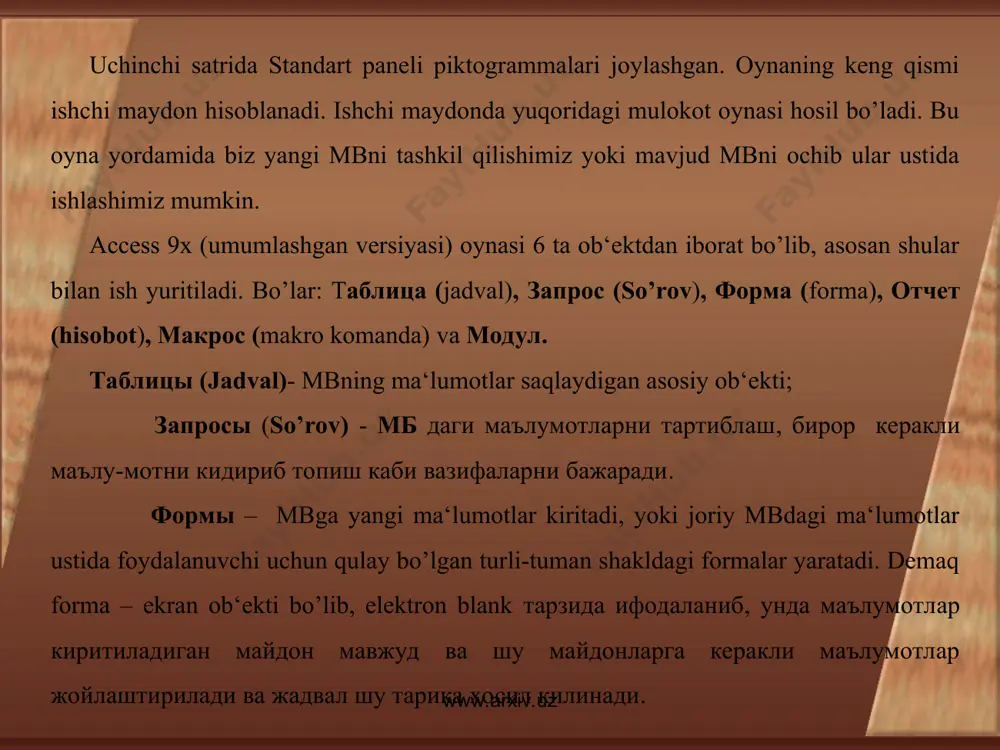 запрос bilan ishlaganda ma‘lumotlarni saralash (filtrdan utkazish), jamlash, ajratish, o’zgartirish mumkin. ammo bu amal har bajarilganda asosiy mb da xech qanday o’zgarish sodir bo’lmaydi. bundan tashqari, запрос yordamida «natijalarni hisoblash», o’rta arifmetik qiymatini topish, yigindi hosil qilish yoki biror maydon ustida matematik amallar bajarish mumkin. www.arxiv.uz www.arxiv.uz mbda ajratish uchun «so’rov» запрос hosil qilishning turlari ko’p. ammo eng ko’p kullaniladigani запрос на «выборка» (ajratishni tashkil qiluvchi so’rov) accessda “so’rov” tashkil qilishning 3 ta usuli mavjud: avtomatik ravishda, kulda va master (usta) yordamida. запрос tashkil qilish uchun maxsus sql(structured query language) tili mavjud, ammo bu tilda ishlash ancha murakkab, shuning uchun ham access da maxsus «namunaviy so’rov blanki» tashkil qilingan. bunda запрос elementlarini oynalararo tashish orqali amalga oshirish mumkin. мб ga запрос bilan kirish «создать» tugmasini bosish bilan amalga oshiriladi. uning mulokat oynasi «новый запрос» deb ataladi (8-rasm). unda «конструктор» rejimida ish yuritiladi. shunda mb to’zilmasidan kerakli jadval va uning maydonlari …