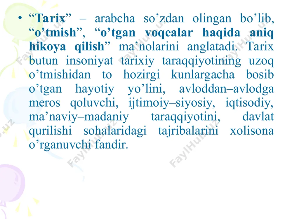 b yoyilishi; hunardmanchilik ishlab chiqarishining rivojlanishi natijasida iqtisodiy hamda madaniy aloqalar va savdo-sotiqning taraqqiy etishi; tabiiy-geografik hamda harbiy-strategik shart-sharoitlar. olib borilgan tadqiqotlar natijalariga qaraganda shahar madaniyati dastavval shimoliy baqtriyaga (surxon vohasi) keyin esa so‘g‘diyona (qashqadaryo, samarqand, buxoro vohasi), xorazm va farg‘ona hududlariga tarqaladi. afrosuyob qo'rg’oni. afrosiyobga kelgan koreys elchilari - qadimiy devorlaridagi surati “avesto”dagi qadimgi jamiyat tarkibi va boshqaruv tartibi “avesto” tushunchalari boshqaruv tartibi “dmana”, “nmana”- uy, oila uy egasi, oila boshlig‘i “vis”- urug‘, qishloq qishloq oqsoqoli “varzana”-qo‘shni qishloq oqsoqollar kengashi “zantu”- qabila, tuman tuman hokimi “daxiyu” - viloyat viloyat hokimi “daxiyusasti” - mamlakat mamlakat hokimi urug’chilik tuzumining belgilari: qarindoshlik asosida birlashish; mehnat qurollarining umumiyligi; oziq-ovqat mahsulotlarining teng taqsimlanishi; odamlarning bir ota yoki ona atrofida birlashishi; davlatchilikning kelib chiqishi jarayoni urushlar harbiy yo‘lboshchilik funksiyasi asirlar chorvachilik hunarmandchilik sug‘orma dehqonchilik ishlab chiqarishning o‘sishi boylikni to‘plash ma’muriy funksiyalar harbiy zodagonlar jamoa zodagonlari qaram kishilar xo‘jalikdagi boshqaruv funksiyasi jamoa vakillari sinfiy qarama-qarshiliklar ilk …