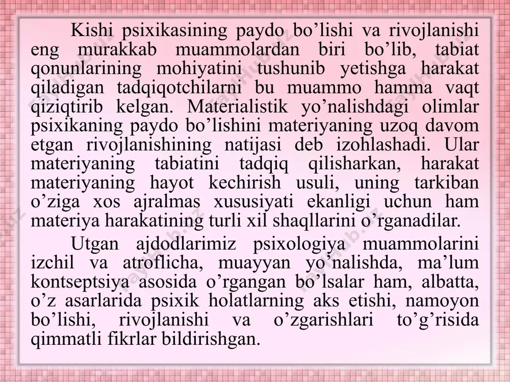 iy yoki kimyoviy ta’siri tarzida yuz berishi mumkin. noorganik tabiatdagi harakatning oddiy misollariga e’tibor qiling: dengizdagi qoya suvning ta’siriga muayyan qarshilik ko’rsatadi - to’lqinlar qoyaga urilib qaytadi, lekin qoyaning o’zi ham sekin - asta yemirila boshlaydi; quyosh nuri suv yuzasiga kelib urilgach, sinib qaytadi; elektr razryadlari natijasida ozon molekulalari hosil bo’ladi. jonli materiyaga in’ikosning biologik shaqllari xos bo’lib, jonli materiyaning ma’lum bir bosqichida esa in’ikosning yangi shaqli sifatidagi psixika paydo bo’ladi. materiya harakatining biologik shaqli-hayot-tabiat rivojlanishining sifat jihatidan yangi bosqichidir. o’lik materiyadan tirik materiyaga o’tishni izohlaydigan qator gipotezalar mavjud. ulardan biri a. i. oparinga tegishli bo’lib, unga ko’ra organik moddalar - atomlari turli shaqllardagi azotning, kislorodning, vodorodning, fosfor va oltingugurtning atomlari bilan bog’langan modda uglerod negizida hosil bo’lgan birikmalarning paydo bo’lishi jonli materiya paydo bo’lishining zarur sharti hisoblanadi. oparinning gipotezasiga ko’ra taxminan 2 mlrd yil ilgari atmosferada erkin kislorod ajralib chiqib, organik moddalarda fotoximiyaviy reaktsiyaning va fotosintezning yuz berishiga olib …