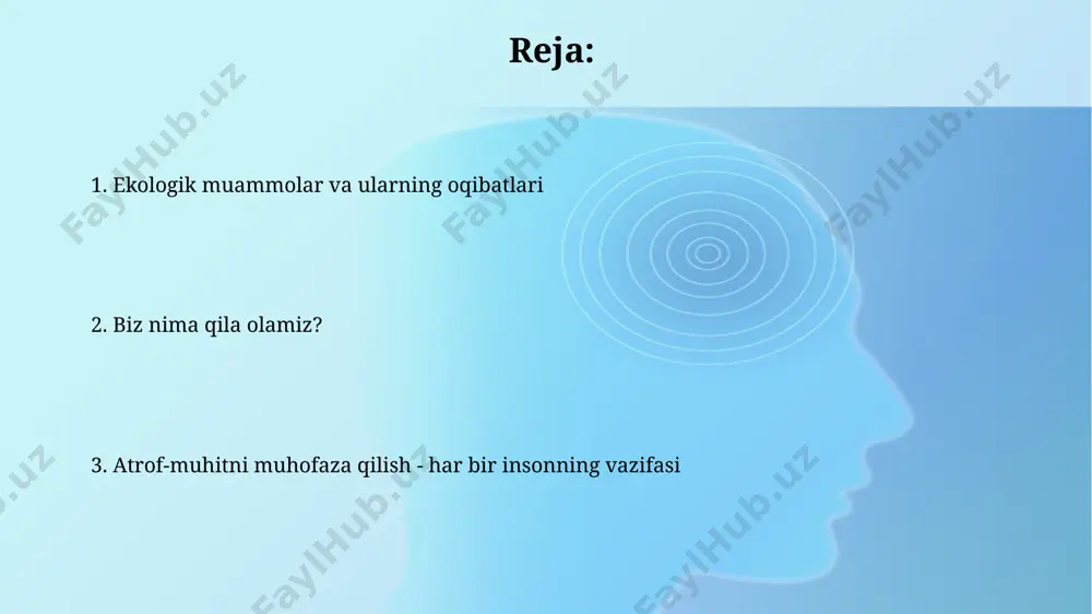 iyat: nima qila olamiz? chiqindilarni kamaytirish: haftada kamida 3 marta qayta ishlanadigan materiallarni ajrating. plastik paketlardan voz keching va do'konga xarid qilish uchun ekologik sumka olib boring. shaxsiy mas'uliyat: nima qila olamiz? kelajak avlodlar uchun harakat qilish barqarorlik strategiyalari, misol uchun, qayta tiklanadigan energiya manbalariga 45% o'tish va suvni 25% tejash, kelajak avlodlar uchun resurslarni saqlashga yordam beradi. biologik xilma-xillikni saqlash dasturlari, xususan, 1000 ta turga yordam berish, degradatsiyaga uchragan hududlarni 15% ga tiklash, kelajak avlodlarga boy ekotizimlarni meros qilib qoldiradi. e'tiboringiz uchun rahmat @taqdimot_robot image2.jpg image3.jpg image4.jpg image5.jpg image6.jpg image7.jpg image8.jpg image1.png