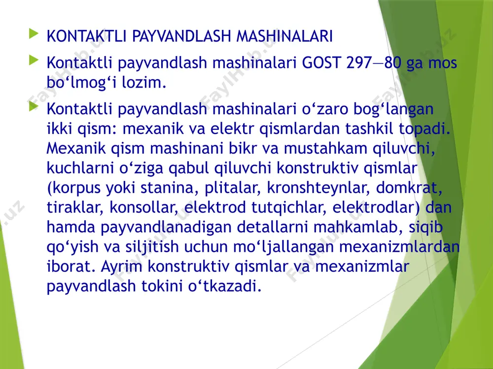 li o‘zak (magnit o‘tkazgich), birlamchi va ikkilamchi chulg‘amlardan tuzilgan. o‘zagining tuzilishiga qarab transformatorlar sterjen o‘zakli, zirh o‘zakli va halqasimon o‘zakli xillarga ajratiladi. transformatorning sterjenli magnit o‘tkazgichi tayyorlanishiga ko‘ra sodda, ammo tarqalish oqimlari kattaligi, transformatorbop po‘lat ancha ko‘p sarflanishi va chulg‘amlarni mexanik tarzda mahkamlash qiyinligi tufayli u kam qo‘llaniladi. transformatorning zirhli magnit o‘tkazgichi tayyorlashda po‘latni tejash va chulg‘amlarni magnit o‘tkazgichga nisbatan ishonchliroq mahkamlash imkonini beradi, shuningdek tarqalish oqimlarini kamaytiradi. halqasimon magnit o‘tkazgichli transformatorlar asosan quvurlarni payvandlashga mo‘ljallangan. payvandlash transformatorining ikkilamchi chulg‘ami odatda bir o‘ramdan, kamdan-kam hollarda ikki o‘ramdan iborat bo‘ladi. payvandlash transformatori ulanganda uning o‘zagi va chulg‘amlarida ancha katta elektrodinamik kuchlar yuzaga keladi. agar chulg‘amlar puxta mahkamlanmagan bo‘lsa, izolatsiya buzilishi va transformator ishdan chiqishi mumkin. shuning uchun o‘zak qattiq ramkalar yordamida boltlar bilan qotirib qo‘yiladi. chulg‘amlar qisuvchi boltlar yoki ponalar vositasida ishonchli mahkamlab qo‘yiladi. kontaktli payvandlash transformatori payvandlash toki ikkilamchi kuchlanish u20 ni o‘zgartirish yo‘li bilan rostlanadi. ikkilamchi kuchlanishni rostlash bosqichlari …