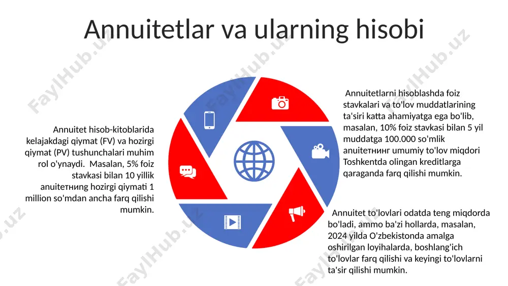 tdagi banklarda qisqa muddatli depozitlar uchun qo'llaniladi va foiz miqdori asosiy summaga qo'shilmaydi. yillik 8% stavka bilan 5000 so'm depozit uchun foiz hisobi aniq hisoblanadi. pulning vaqt qiymati tushunchasi agar siz samarqandda 2024 yilda 5000 so'mni 10% lik foiz bilan sarmoya qilsangiz, 2025 yilda 5500 so'm daromad olasiz, bu pulning vaqt qiymati nazariyasi bilan tasdiqlangan oddiy foiz hisobi hisoblanadi. pulning vaqt qiymati tushunchasi 1000 aqsh dollarini bugun olish, 5% lik foiz stavkasi bilan 5 yildan keyin olishdan ko'ra 1,28 dan ortiq qimmatroqdir, chunki inflyasiya va investitsiya imkoniyatlarini hisobga oladi. toshkentda joylashgan biznes 1 million so'mni bugun sarmoya qilsa, 10% foiz bilan 2 yildan keyin 1,21 million so'm daromad oladi. bu, pulning vaqt o'tishi bilan qadrining o'zgarishini ko'rsatadi. murakkab foiz hisobi contents title murakkab foiz hisobi, masalan, 10% yillik stavka bilan 5 yil davomida 1000 aqsh dollariga qo'llanilganda, oddiy foiz hisobiga qaraganda ancha yuqori daromad keltiradi, bu esa pulning vaqt qiymati …