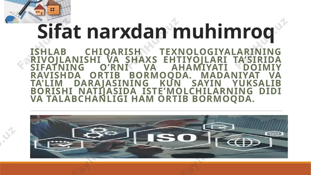 iga ega bo‘lish kerak. sifat bo‘zilishining sabablari - odamlar, dastgohlar yoki materiallar bilan bog‘liqliklar bo‘lishi mumkin. sifatni nazorat qilishga personalni jalb qilish. sifatni har tomonlama boshqarish konsepsiyasi sifatni boshqarish konsepsiyasining asosiy elementlari tizimining asosiy elementlari: 1. muayyan sifatli tovarni ishlab chiqish va ishlab chiqarish uchun bozor ehtiyojlarini aniqlash. bu sohada marketing bo‘limi yetakchi bo‘lishi zarur. sifatni boshqarish konsepsiyasining asosiy elementlari jarayonidagi ikkinchi qadam tovarni ishlab chiqish va tekshirish hisoblanadi. 3. ishlab chiqarish jarayonini shunday ishlab chiqingki, uning yo‘lga tushirilishi bilan nuqsonsiz mahsulot ishlab chiqarilsin. aks holda ularni remont yoki qayta ishlash uchun zarar ko‘rasiz. 4. nazorat natajalarini hujjatlashtirish va tovarni baholash jarayonini davom ettirish kerak. tovar doimiy nazorat qilinayotganligiga ishonch hosil qiling. 5. mol yetkazib beruvchilarga sifat yuzasidan qo‘yiladigan talablar, ya’ni ular yetkazib berayotgan resurslar texnik xarakteristikalar va standartga mos kelishini doim tekshirib borish zarur. 6. ishchi guruhlari, mukofotlash, motivlashtirish, sifatni saqlash va nazorat qilishga zaruriy vakolatlarni xodimlarga topshirish orqali …