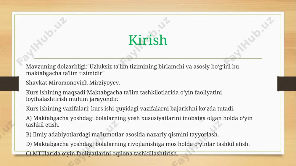 bola intellektini har tomonlama rivojlantirishga his-tuyg‘ularini o‘z-o‘zini anglashga xulq-atvorini nazorat qilishga o‘zaro munosabatlarga kirisha olishga yordam beradi. lekin hamma o‘yinchoqlar ham magazindan sotib olinadi, ota-onalar o‘z qo‘llari bilan yasab, tikib bergan o‘yinchoqlari bolaga yanada yaqin va qimmatlidir" deb, ta'kidlaydi. xulosa xulosa o‘rnida shuni aytish joizki, o‘yin faoliyati, bolaning kamol topishida muhim ahamiyatga ega. bola o‘yin orqali dunyoni anglab boradi. o‘yin faoliyati davomida bola o‘yinga qiziqqan holda mashg‘ulotlarni tinglaydi, o‘yinda ishtirok etadi, zavq olgan holda faoliyat yuritadi. bolalar o‘yin orqali kattalarning oilaviy hayot sharoitlariga doir hodisalarni, mehnat faoliyatlarini, bayramalarini, muhim sanalar kabi hodisalarni qayta tiklaydilar. foydalanilgan adabiyotlar qonunchilik palatasi tomonidan 2020-yil 19—mayda qabul qilingan senat tomonidan 2020-yil 7-avgustda ma’qullangan "maktabgacha tarbiya muassasalarida bolalarning harakat potensiyalini rivojlantirishtexnologiyasi"masharipova m.i.monografiya t.2018. ózbekiston respublikasi vazirlar mahkamasining 2020-yil 22-dekabrida "maktabgacha ta'lim va tarbiyaning davlat standarti"802-sonli qarori. internet saytlari image5.png image6.png image3.png image4.png /docprops/thumbnail.jpeg