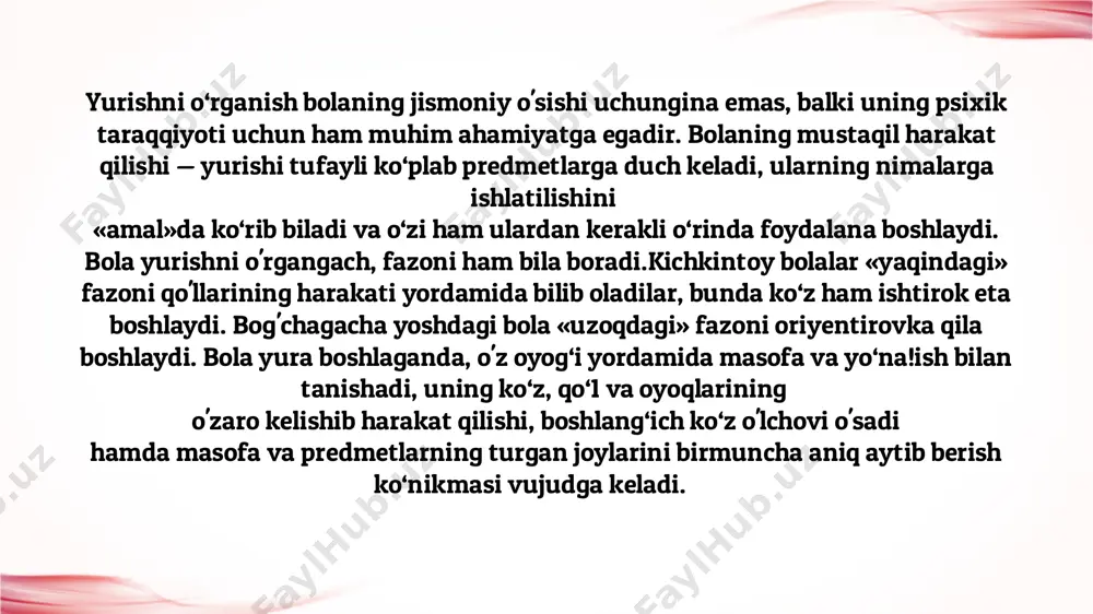 anglay boshlashi birmuncha avvalroq yoki kechroq yuzaga kelishi mumkin. 3 yoshli bola o‘zini, o‘z xohish va ehtiyojlarini qondirishi mumkin bolgan manba deb biladi va bu uning «menga bering», «ko‘taring», «men ham boraman» kabi talablarida ko‘rinadi. bola rasm chizishni boshlash davrida predmetlarning rangini e’tiborga olmaydi va o‘ziga yoqadigan ranglardan foydalanadi. tadqiqotlarning ko‘rsatishicha 2,5—3 yoshli bola 5—6 ta shaklni (doira, kvadrat, uchburchak, to‘g‘riburchak, ko‘pburchak) va 8 xil rangni (qizil, olov rang, sariq, yashil, ko‘k, siyohrang, oq, qora) idrok etishi mumkin. rang va shakllarning maqsadga muvofiq ishlatilishi jihatidan har xil narsalarda turlicha namoyon bolishi sababli, bu yoshdagi bolalar ularni idrok etganlari bilan nomlarini aniq bilishlari va o‘z nutqlarida ishlata olishlari birmuncha qiyinroq. kattalarning bu yoshdagi bolalardan rang va shakllarni eslab qolishlarini talab etishlari noto‘g‘ridir, buning uchun mos davr 4—5 yoshlar hisoblanadi. ilk bolalik davridagi bolalarning analizatorlari yaxshi takomillashgani va ular erkin harakat qila olish imkoniyatiga ega bolganliklari tufayli bu davrda psixik jihatdan tez …