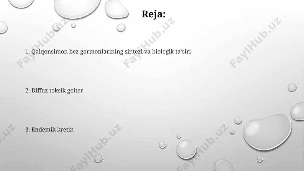 ta'siri oqsil sintezini 20-30% ga oshiradi, to'qimalarning o'sishini va rivojlanishini, ayniqsa, nerv sistemasining, suyaklar va mushaklarning rivojlanishini rag'batlantiradi. diffuz toksik goiter ushbu kasallikning asosiy sababi qalqonsimon bez hujayralarining tshga bog'liq bo'lmagan ortiqcha faolligi hisoblanadi, bu esa t3 va t4 gormonlarining ishlab chiqarilishining 3-5 barobar ortishiga olib keladi. diffuz toksik goiterni davolashda radioaktiv yod terapiyasi yoki antitireoid dorilar, masalan, metimazol yoki propiltiourasil kabi preparatlar qo'llaniladi, jarrohlik aralashuvi esa 10-15% hollarda zarur bo'ladi. diffuz toksik goiterda qalqonsimon bezning kattalashuvi 2-3 baravarga yetadi va bemorlarda taxikardiya, tremor va vazn yo'qotish kabi gipertireoz belgilarini keltirib chiqaradi. endemik goiter endemik goiter bilan kasallanganlarning 5-10%ida gipotiroidizm rivojlanadi, bu esa metabolizmning sekinlashishi va boshqa turli xil klinik ko'rinishlar bilan namoyon bo'ladi, masalan, charchoq va vazn ortishi. endemik kataraktning rivojlanishiga yod etishmovchiligi sabab bo'lib, 70% dan ortiq hollarda qalqonsimon bezning kattalashuviga olib keladi va bu jarayon organizmda yodning etarli miqdorini olish bilan bog'liq. yodli tuzlarning profilaktik qo'llanilishi endemik …