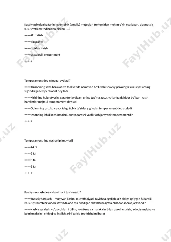(muomalaning) asosan uch vositasi (turi) farqlanadi, ular qaysilar: ====#verbal ta’sir, raralingvistik ta’sir, noverbal ta’sir (verbal bo’lmagan muomala) ====verbal ta'sir, kinestizik va verbal bo'lmagan nutq ====tashqi nutq, so'z va til ====nutqiy faoliyat, til va verbal ta'sir, ijtimoiy ta'sir, norasmiy ta'sir, nutqsiz munosabat usuli +++++ idrok deb nimaga aytiladi ? ====#idrok deb, inson ongida sezgi organlarimizga bevosita ta‘sir etayotgan narsa va hodisalarni tartibga solinib, yaxlit bir butun holda aks ettirilishiga aytiladi; ====idrok deb, ongimizga ayni paytda, bevosita ta‘sir kilib turgan narsa va hodisalarning miyamizda yaxlit aks ettirishdan iborat psixik jarayonga aytiladi ====idrok deb, tashki olamdan kelayotgan ma‘lumotlarni kabul kilish va unga aks ta‘sir etishga aytiladi; ====idrok deb tashki olamni kurish, sezish va obrazlarning real predmetlariga adekvat mosligiga aytiladi +++++ qaysi qatorda pedagogning axloqiy fazilatlari keltirilgan? ====#insonparvarlik, vatanparvarlik, milliy g'urur, adolat, yaxshilik qilish, burch, qadr-qimmat, mas'uliyat, vijdon, xalollik, rostguylik, poklik, talabchanlik ====yaxshilik qilish, o'rnak ko'rsatish, mohirlik, mehribonlik ====bilimdonlik, insonparvarlik, kamtarlik, kasb mahorati, dilkashlik, …